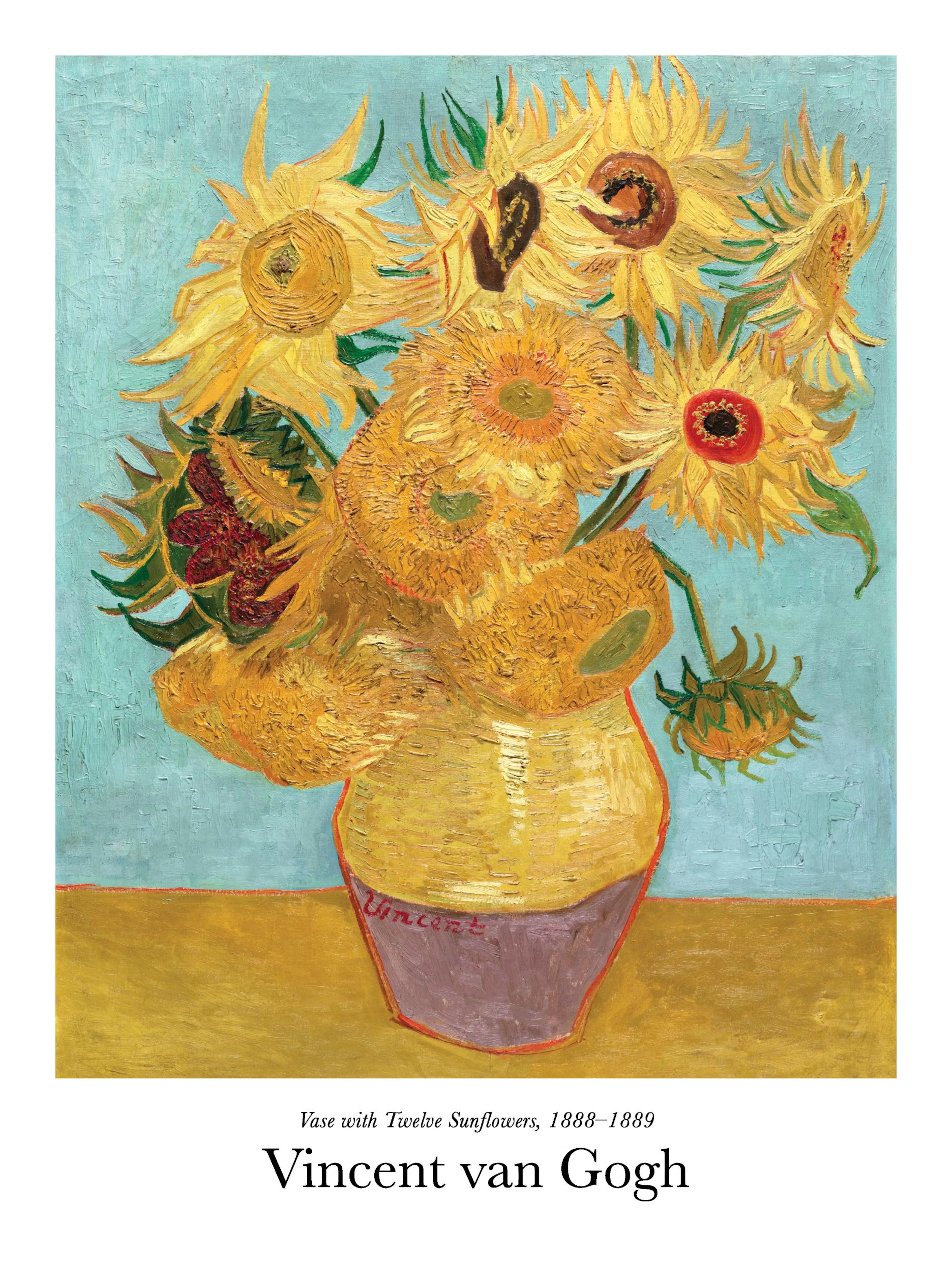 A poster featuring Van Goghs impressionistic painting of vibrant yellow sunflowers in a yellow vase against a light blue backgro