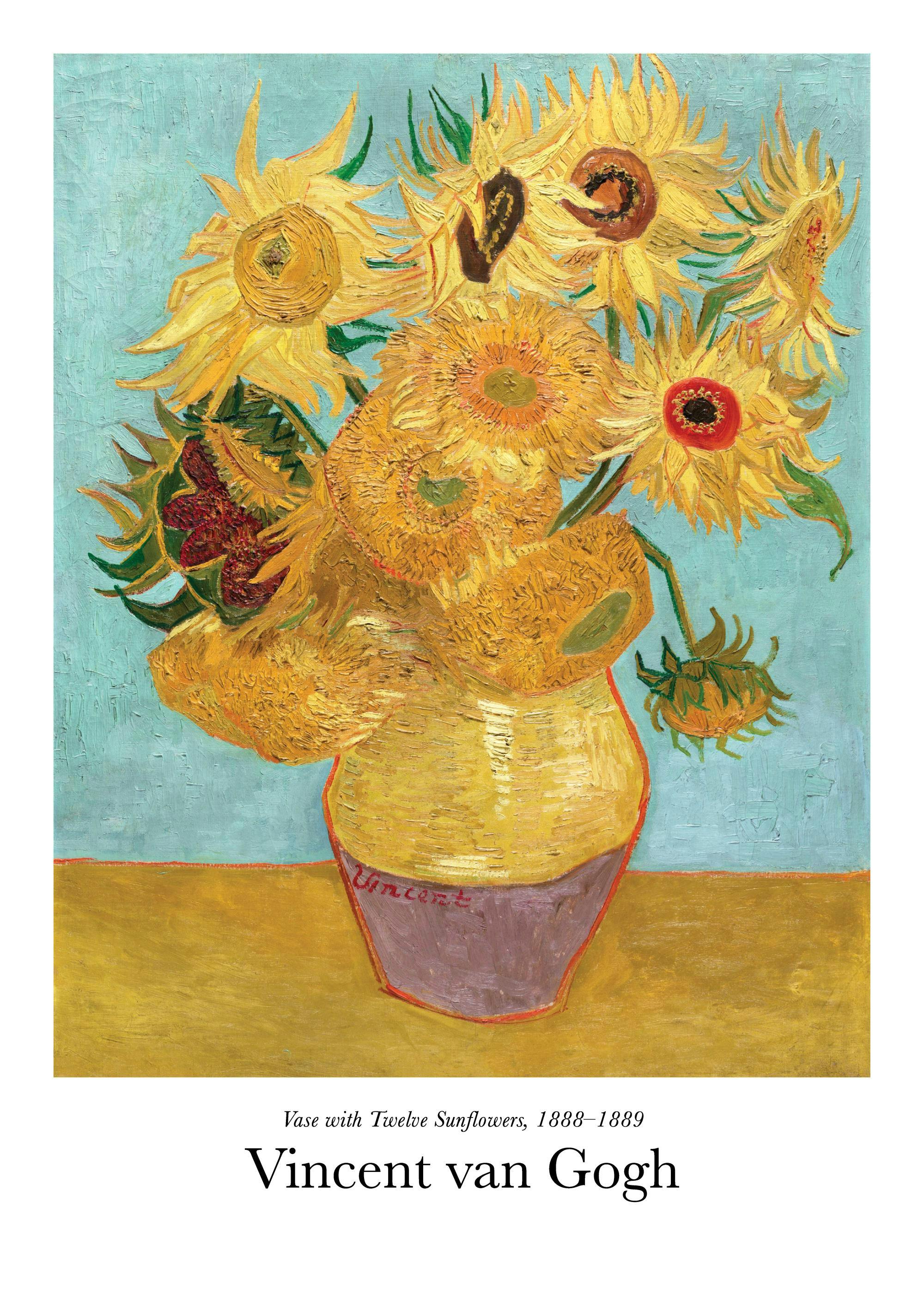 A poster featuring Van Goghs impressionist painting Vase with Twelve Sunflowers with vibrant yellows and blues.
