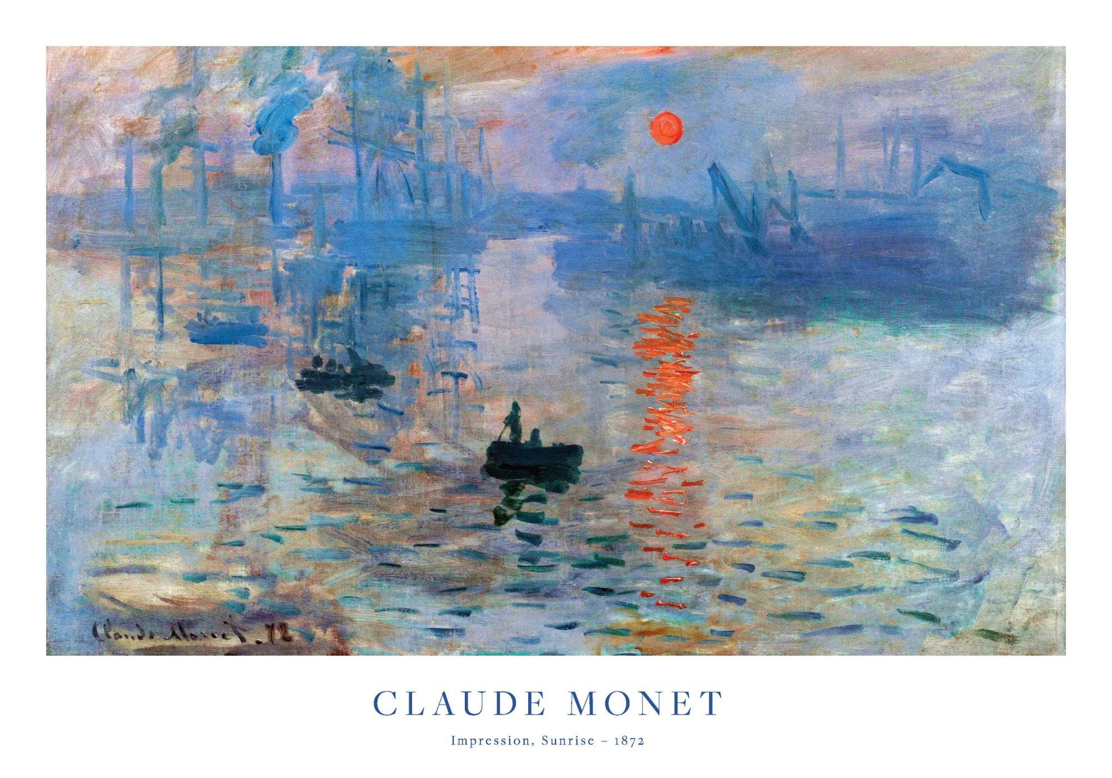Poster de lœuvre Impression, soleil levant de Monet, avec un soleil orange sur leau bleue du port.