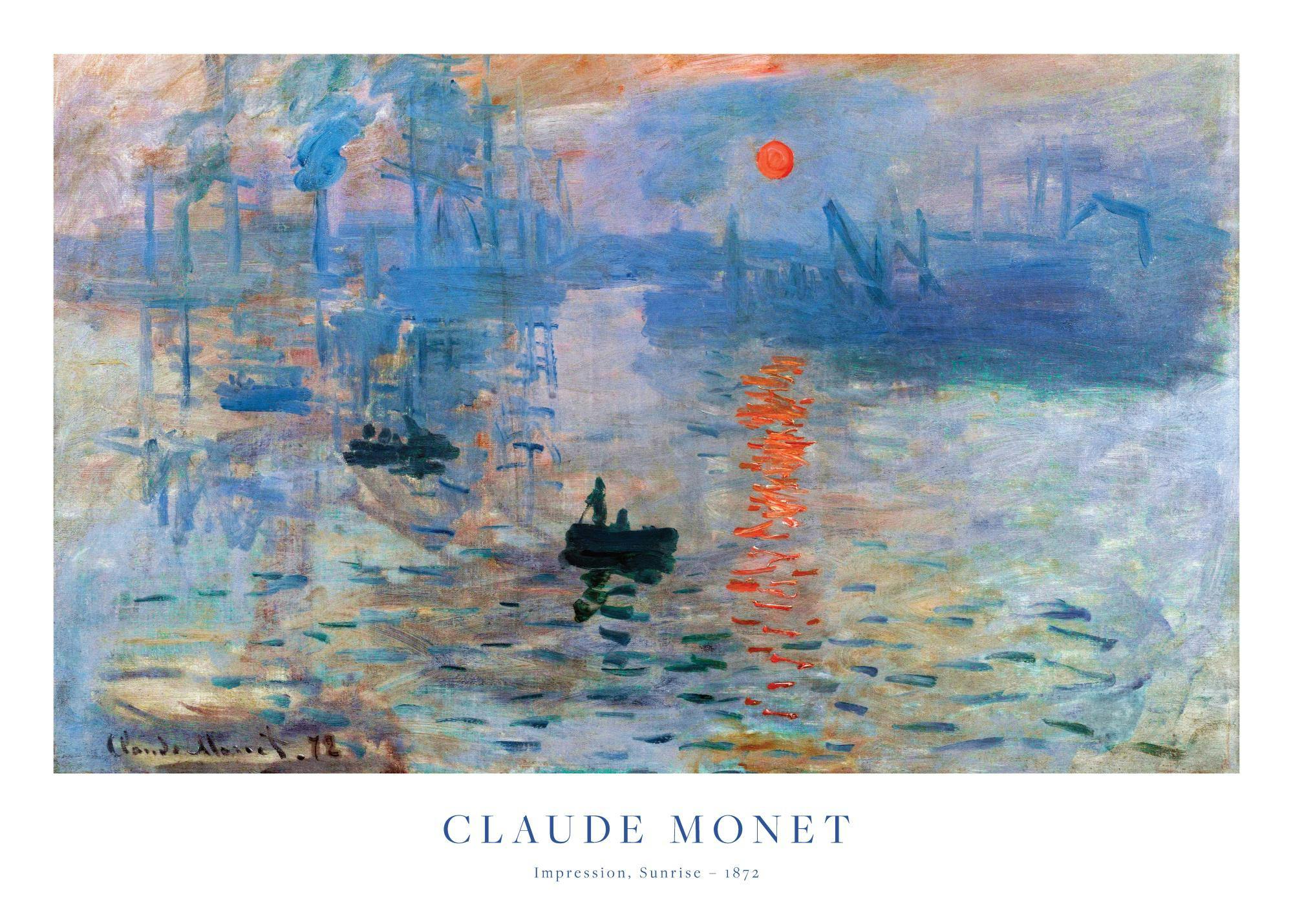 Un poster del dipinto impressionista Impressione, Sole nascente di Monet, con barche e un porto allalba.