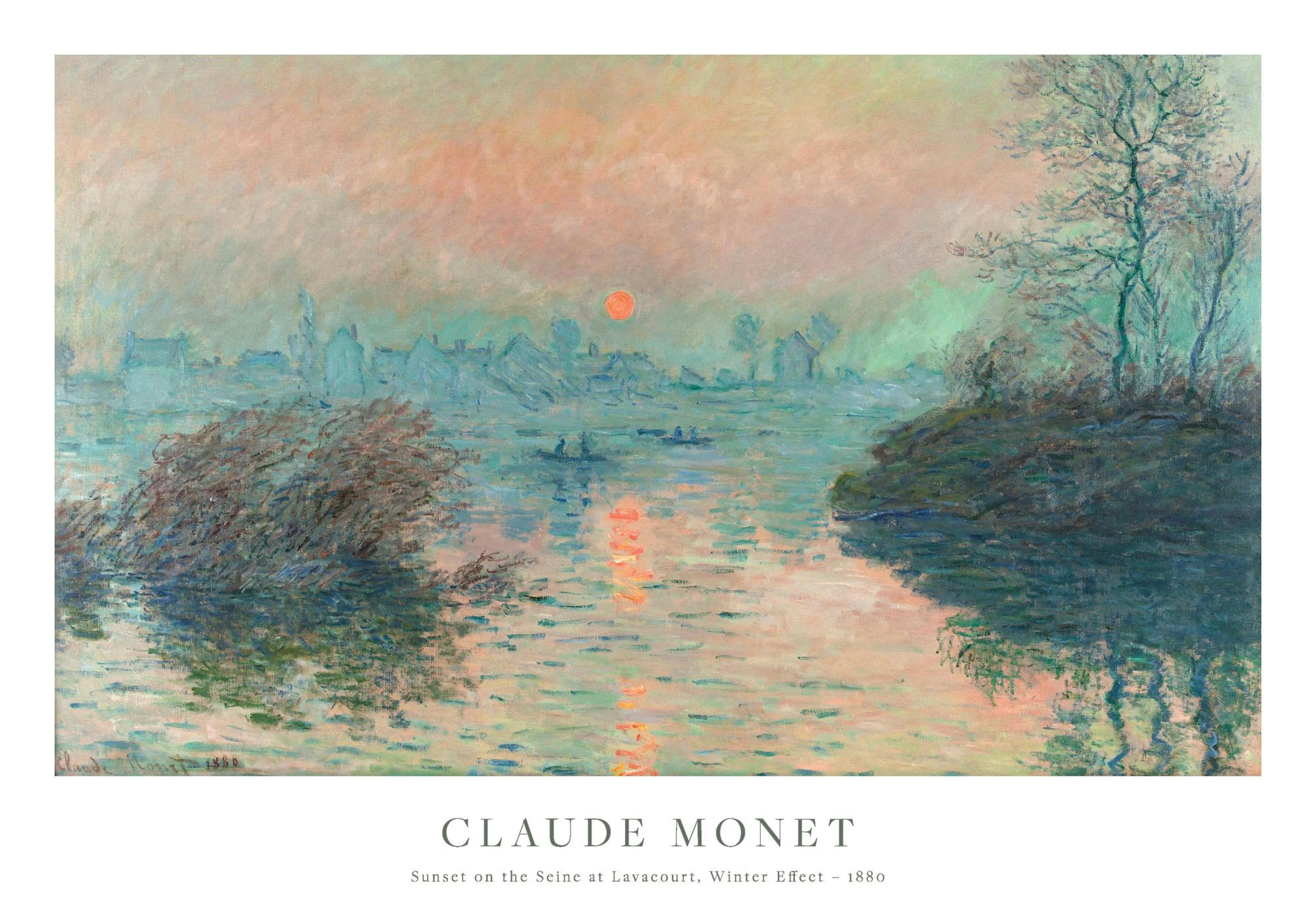 A poster depicting Monets painting of a river at sunset with a vibrant orange sun reflecting on the water.