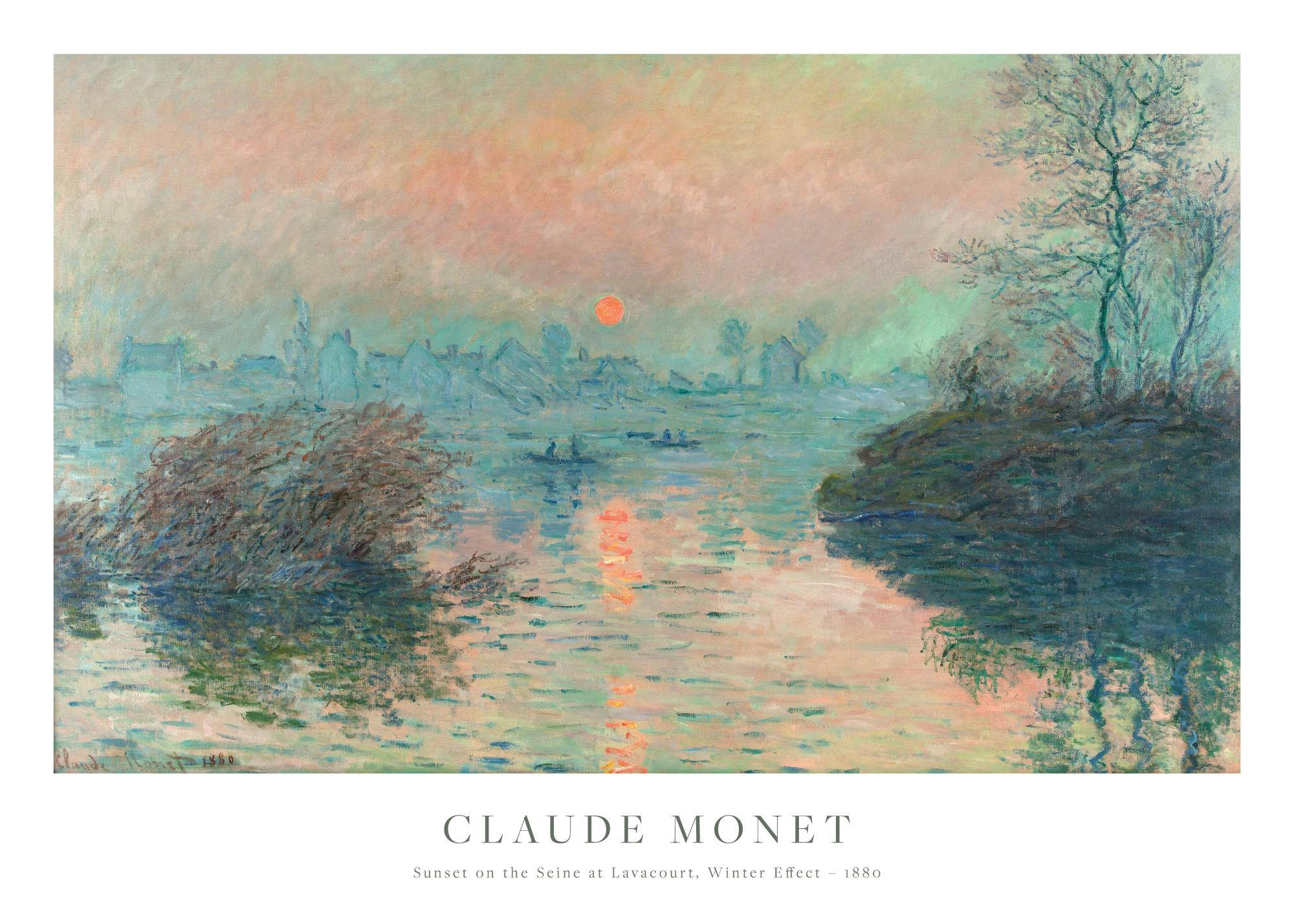 Poster de Monet, Coucher de soleil sur la Seine à Lavacourt, effet hiver, 1880, tons roses et bleus.