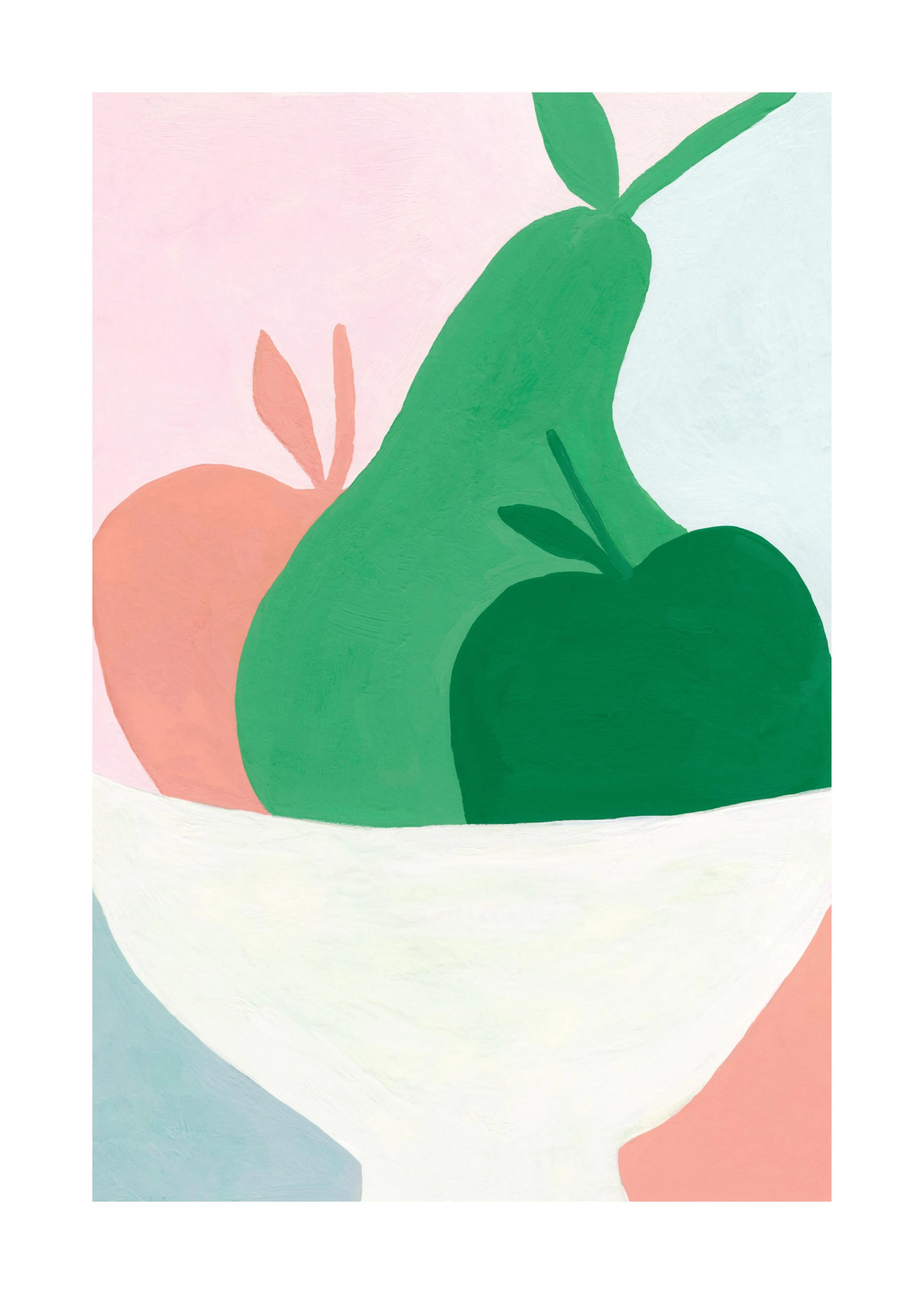 Un póster de arte abstracto con formas de frutas en rosa melocotón y verde, sobre fondo rosa pastel y azul.