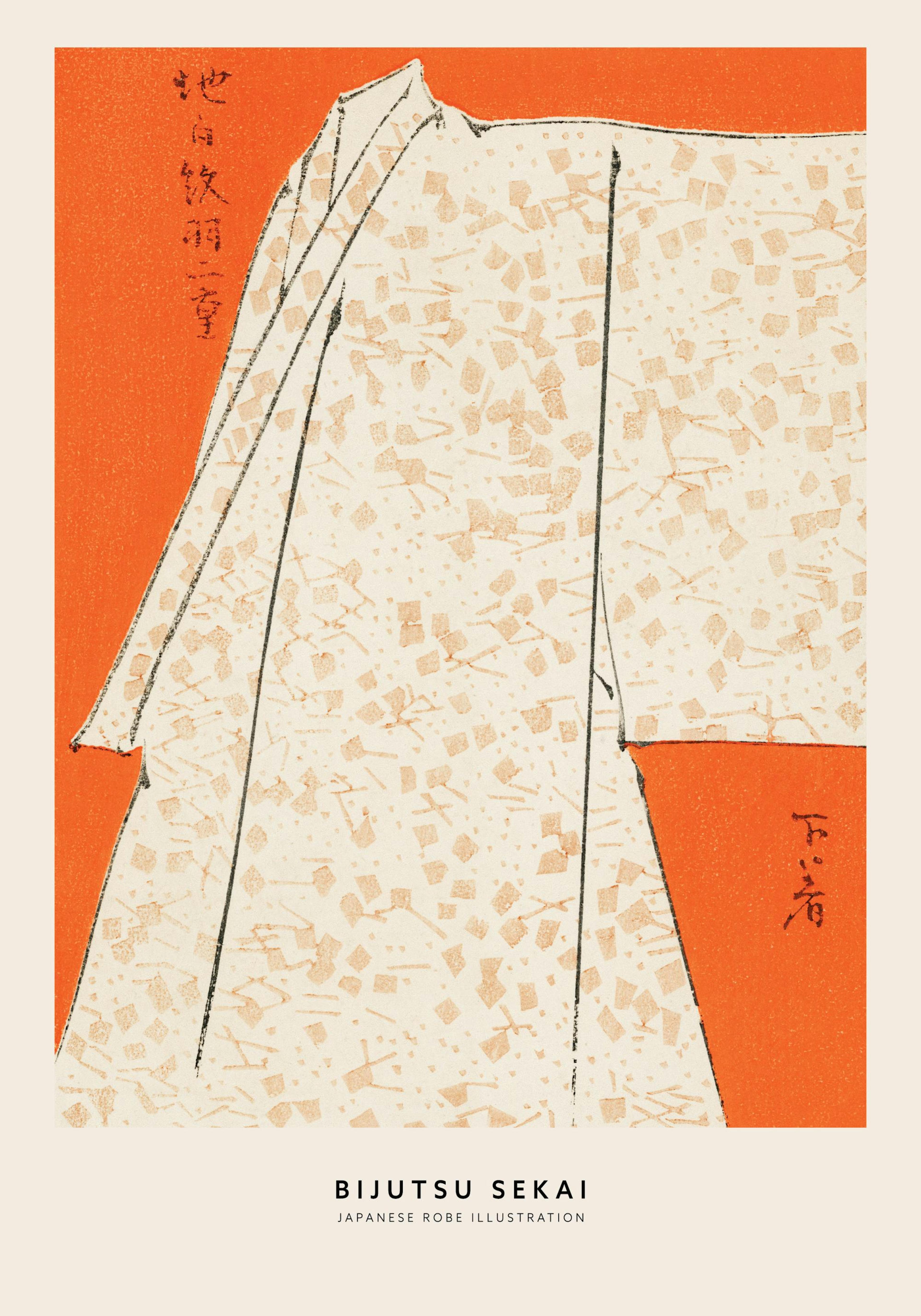 Poster con unillustrazione giapponese di un kimono crema con motivi astratti su sfondo arancione, con scritte in caratteri orien