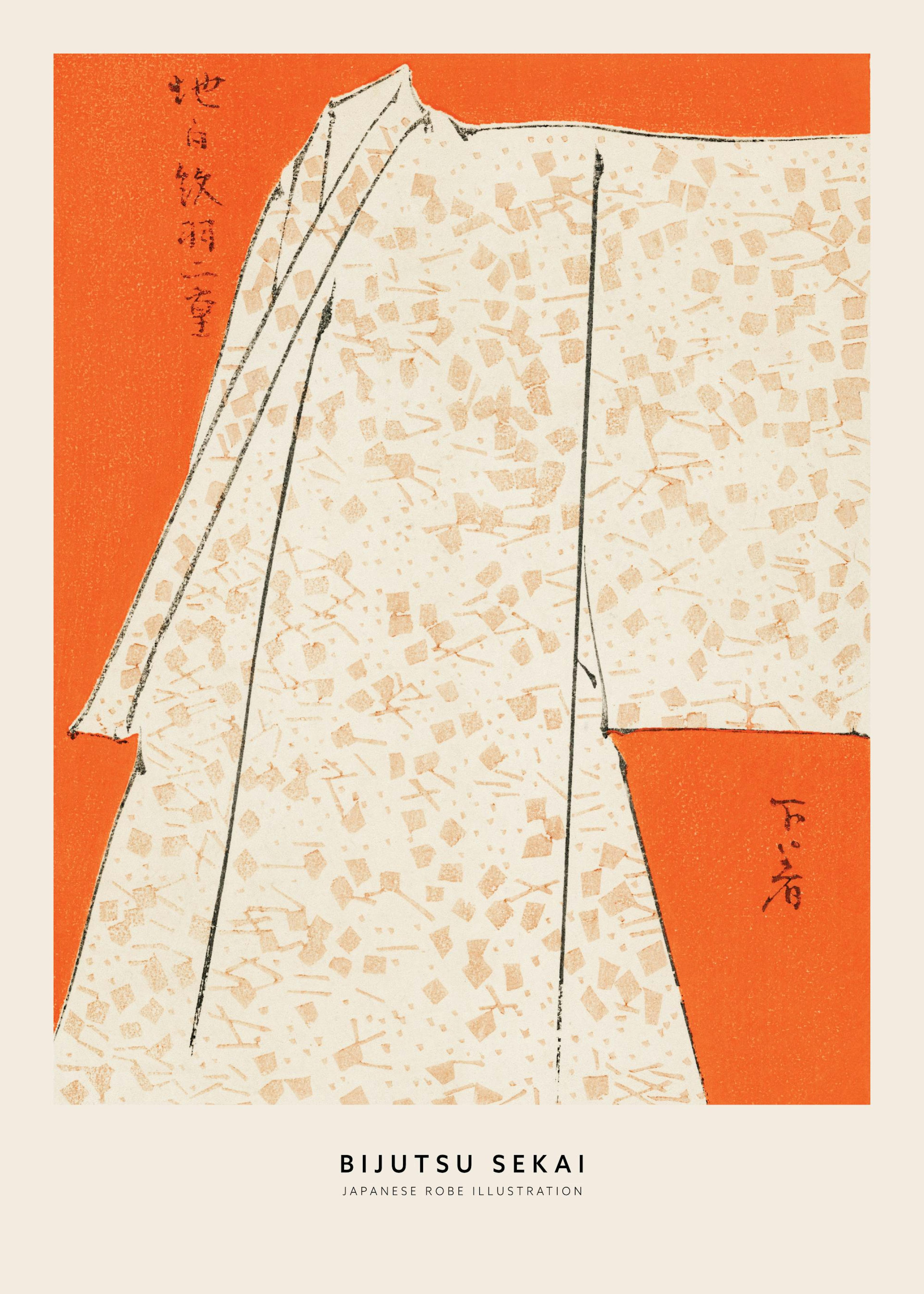 Poster dune illustration japonaise dun kimono blanc cassé à motifs oranges sur fond orange vif.