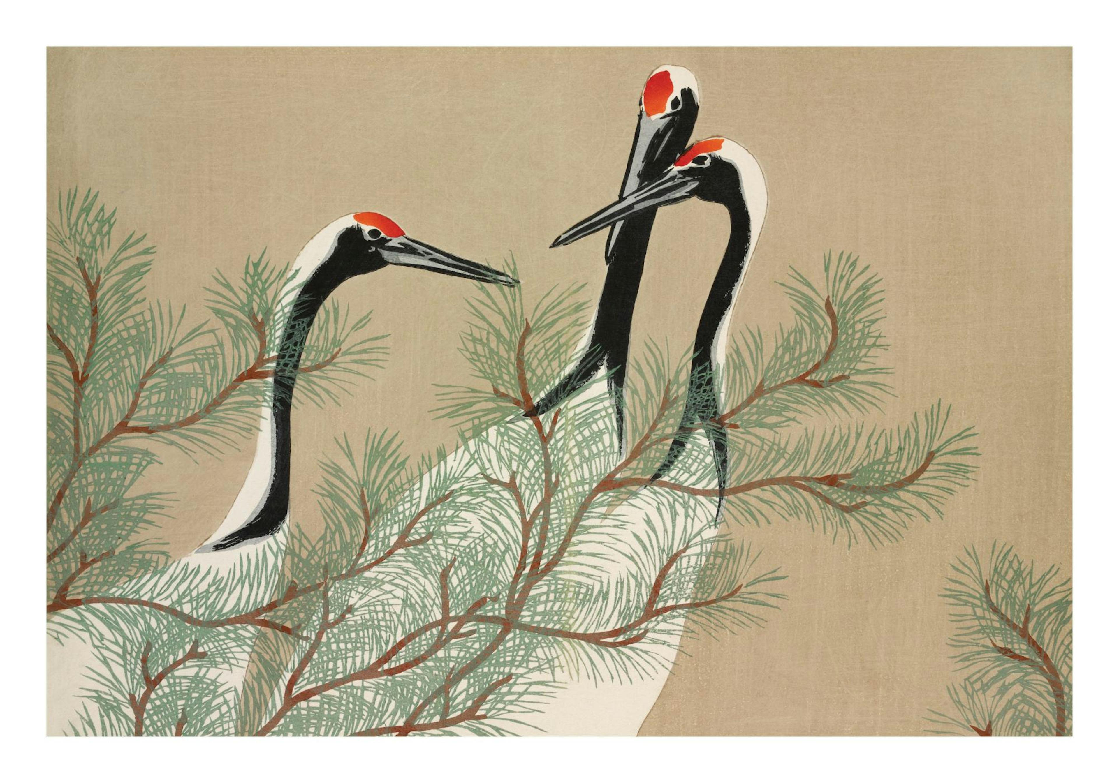 소나무와 붉은 머리를 가진 세 마리 학이 그려진 복고풍 동양화 포스터