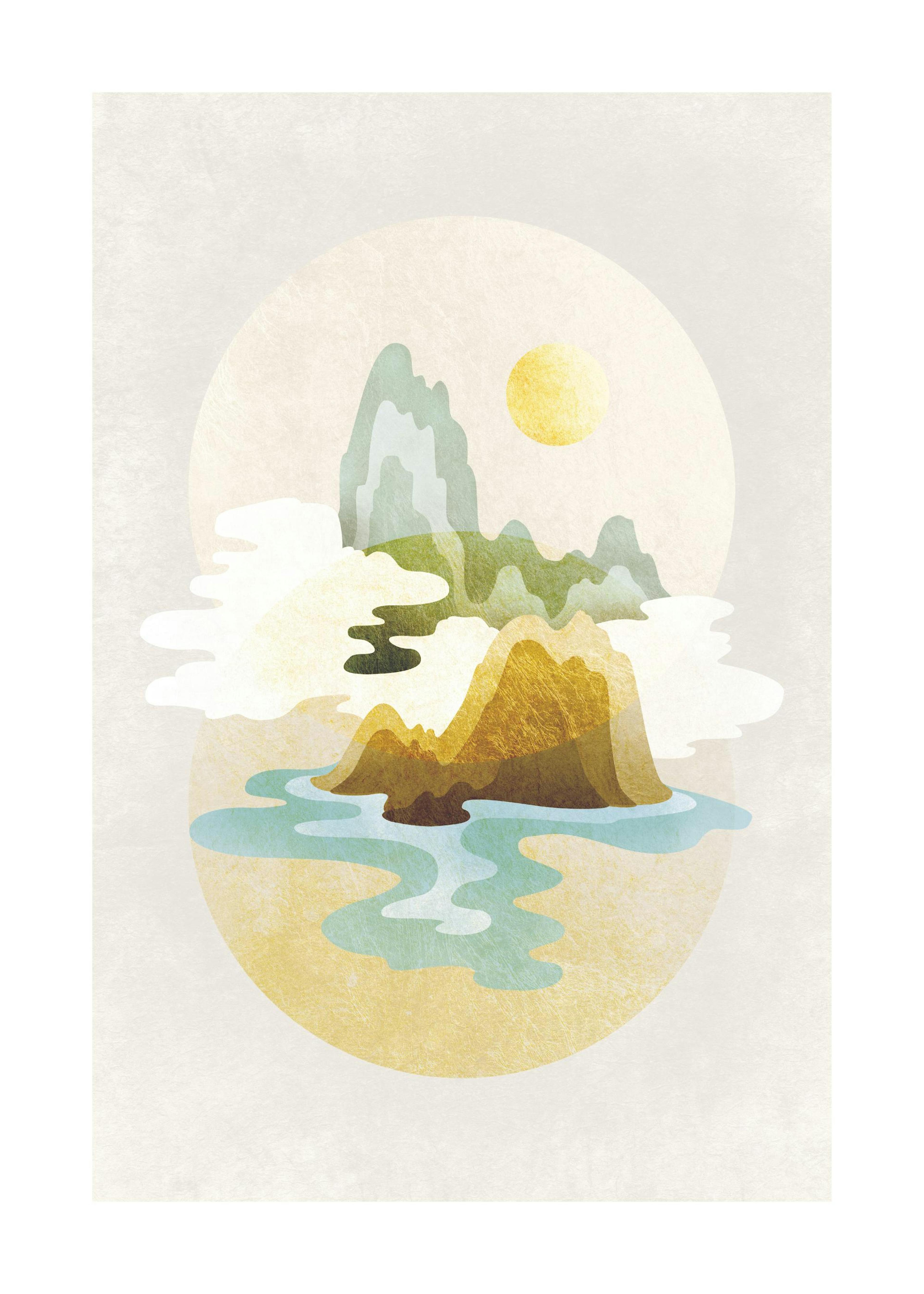 En plakat med et abstrakt asiatisk landskab i varme nuancer af grøn, blå og guld, med en sol og skyer.