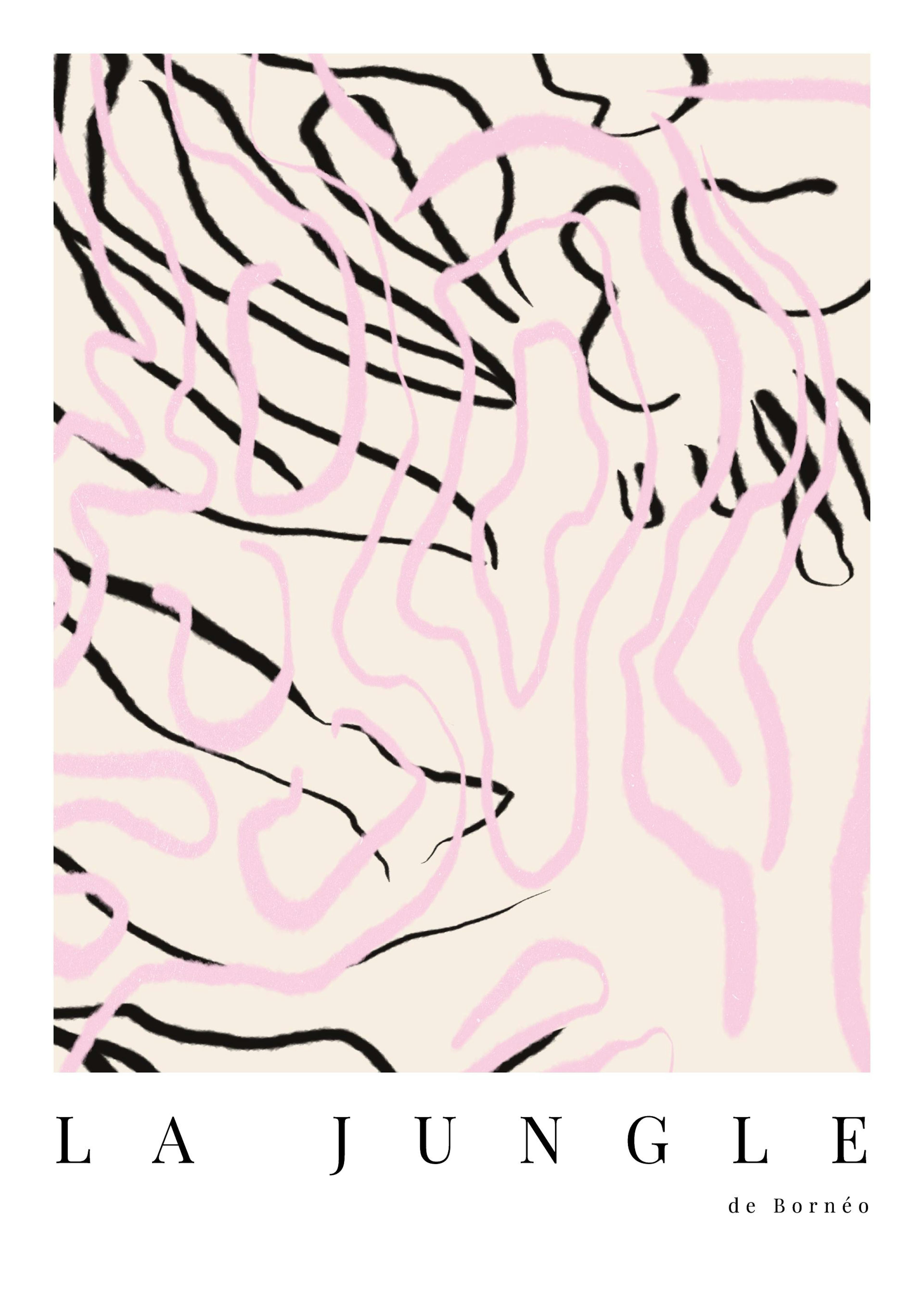 Poster artistique avec des lignes noires et roses sur fond crème, et le texte LA JUNGLE de Bornéo en bas.