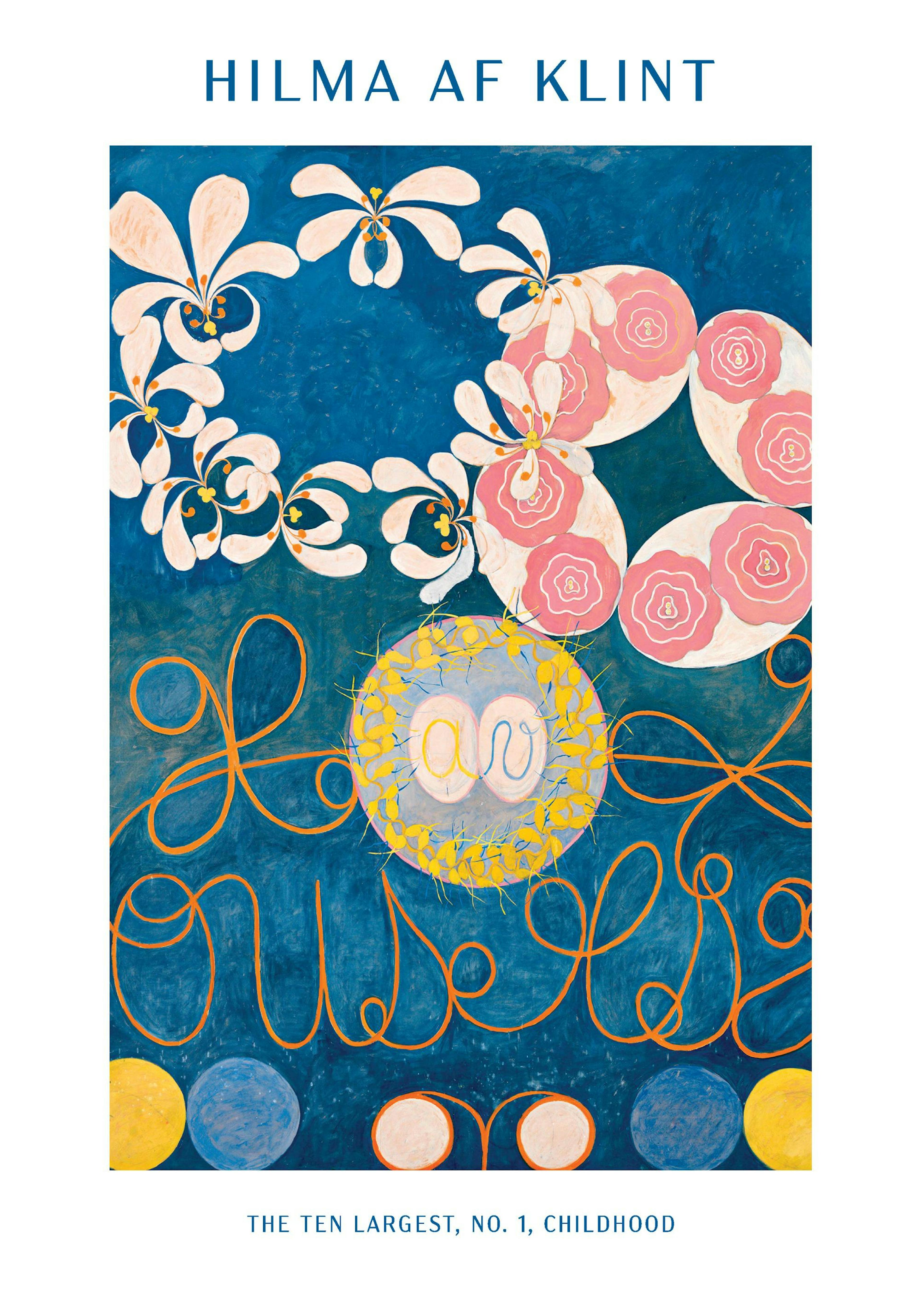 Poster van Hilma af Klint met abstracte bloemvormen in roze en wit, en oranje lijnen op een blauwe achtergrond.