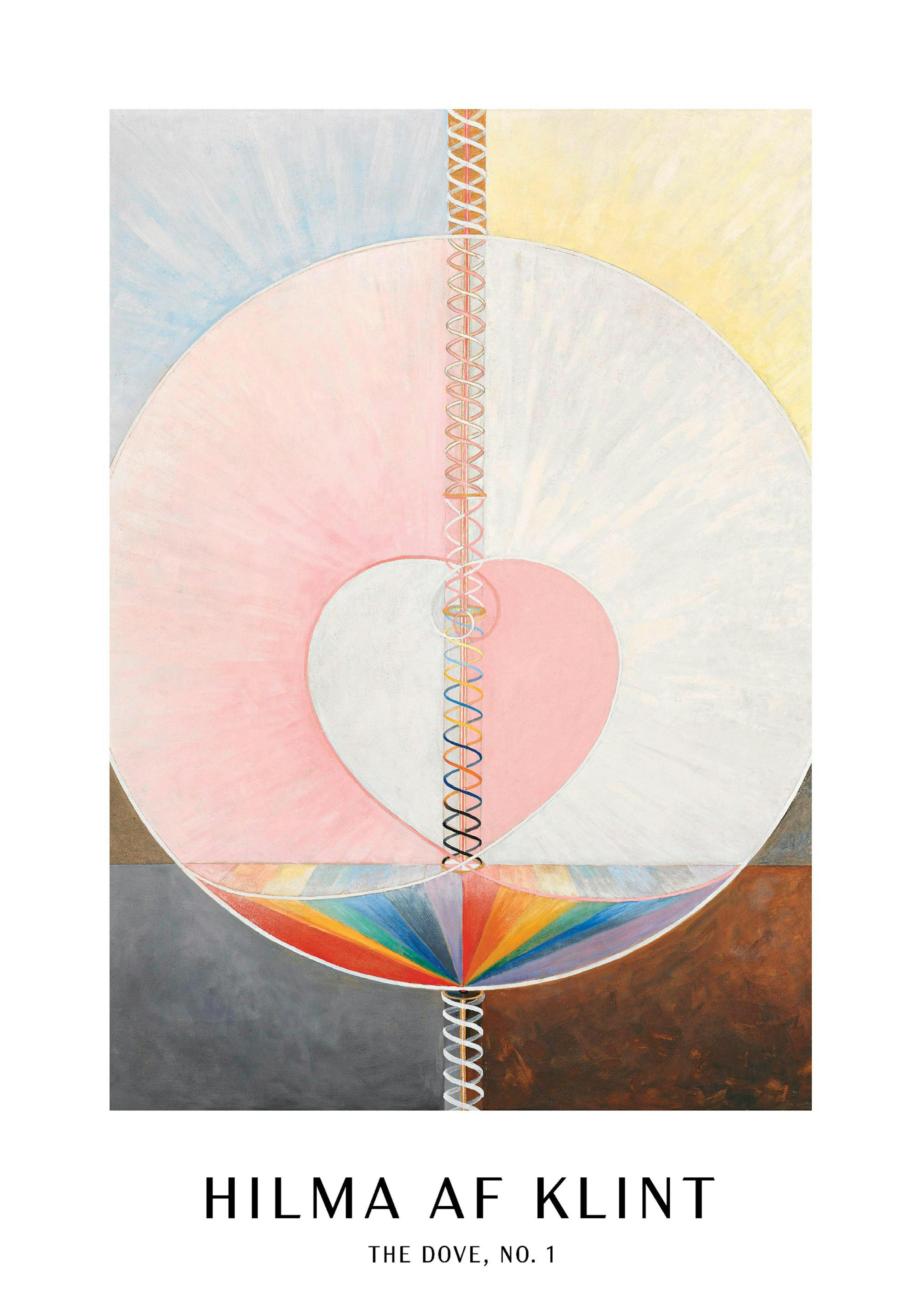 Poster Hilma af Klint avec un cœur rose et un cercle blanc, traversés par une spirale et un arc-en-ciel.