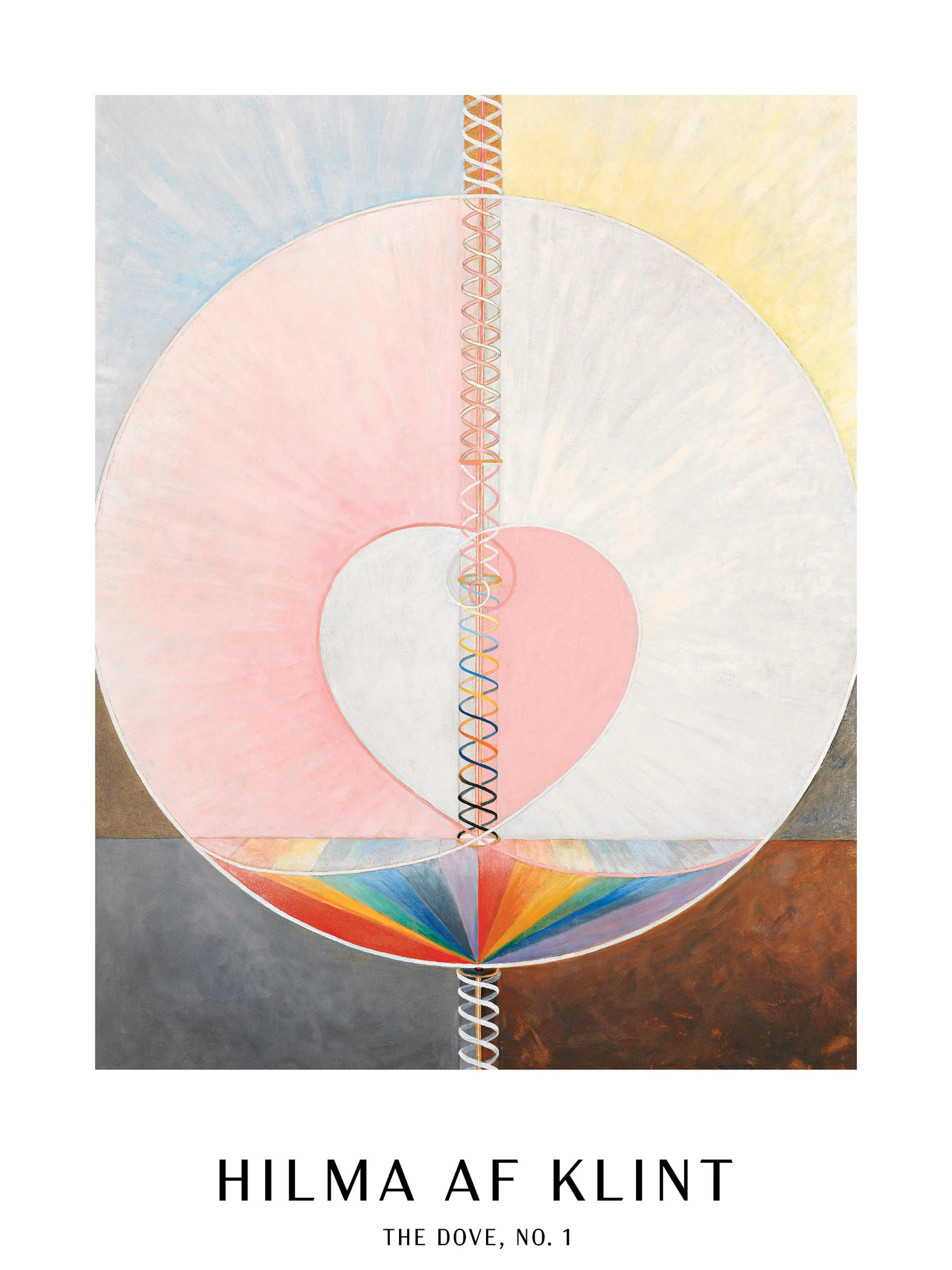A poster featuring Hilma af Klints The Dove, No. 1 with a central heart shape, spiral lines, and a rainbow arc.