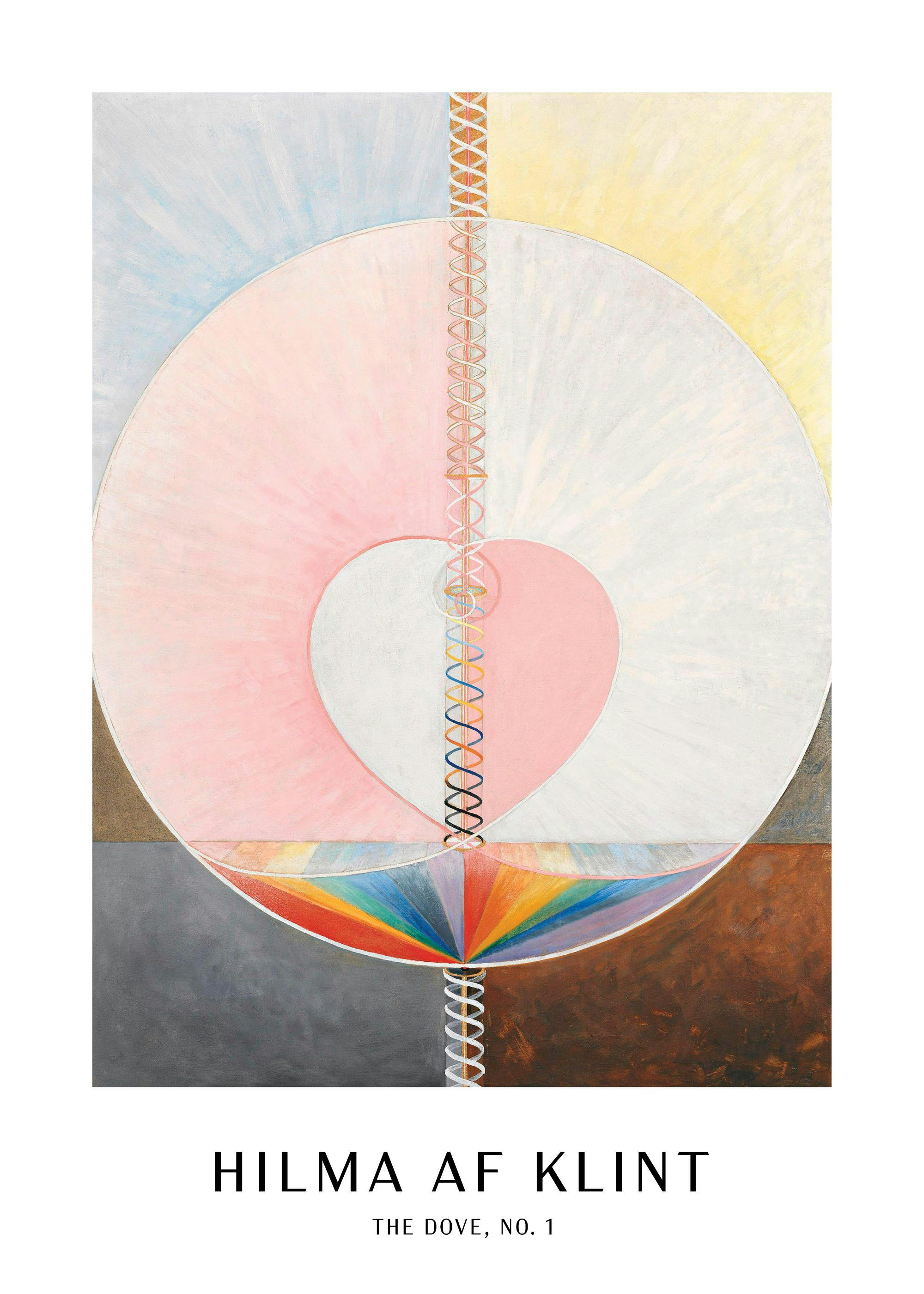 Poster Hilma af Klint avec un cœur rose et un cercle blanc, traversés par une spirale et un arc-en-ciel.