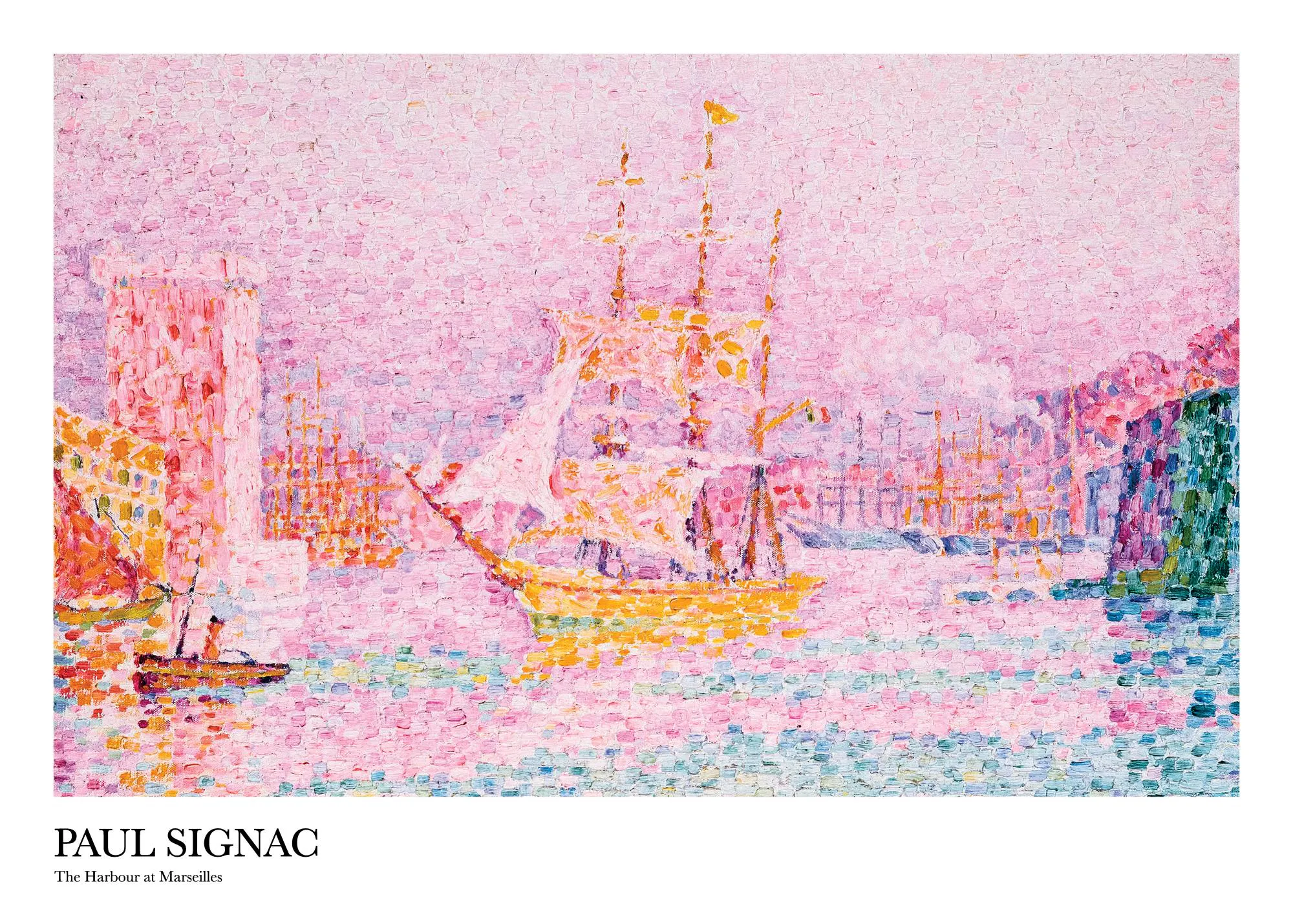 A poster depicting a vibrant harbor scene with a large sailboat and smaller boats, rendered in pink, orange, and blue pointillis