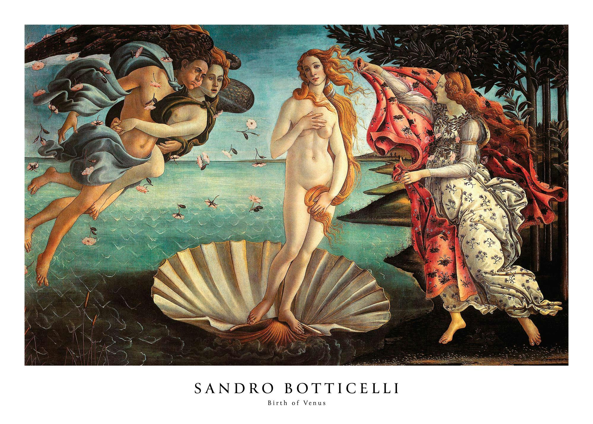 Un poster della Nascita di Venere di Botticelli con Venere su una conchiglia e figure mitologiche.