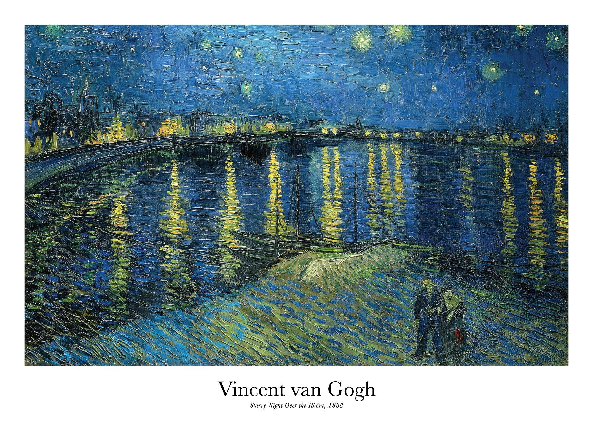 Een poster van Vincent van Goghs schilderij Sterrennacht boven de Rhône, met een donkerblauw waterlandschap en reflecties van ge