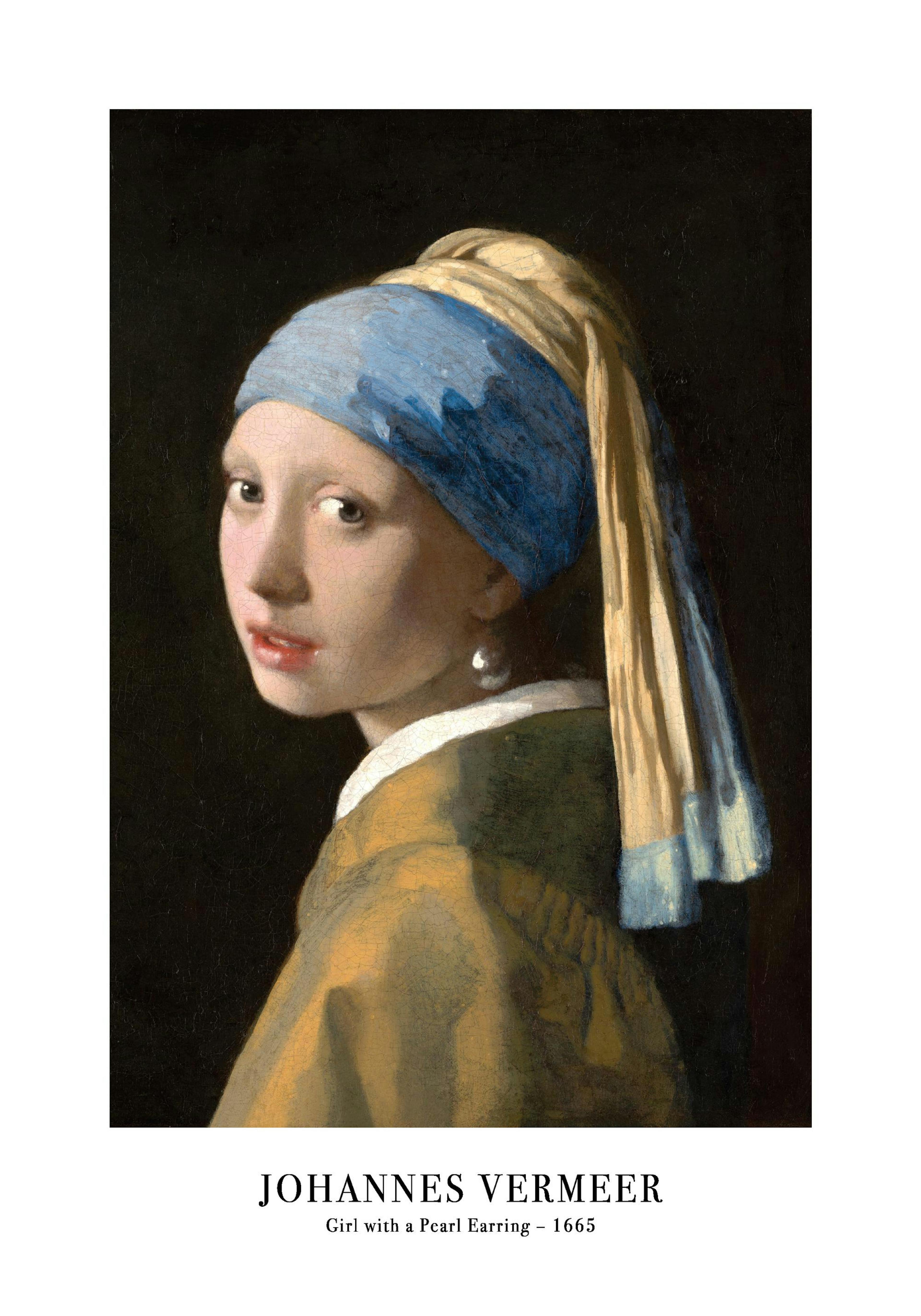 Poster mit dem Gemälde Das Mädchen mit dem Perlenohrring von Johannes Vermeer, das eine junge Frau mit Turban zeigt.
