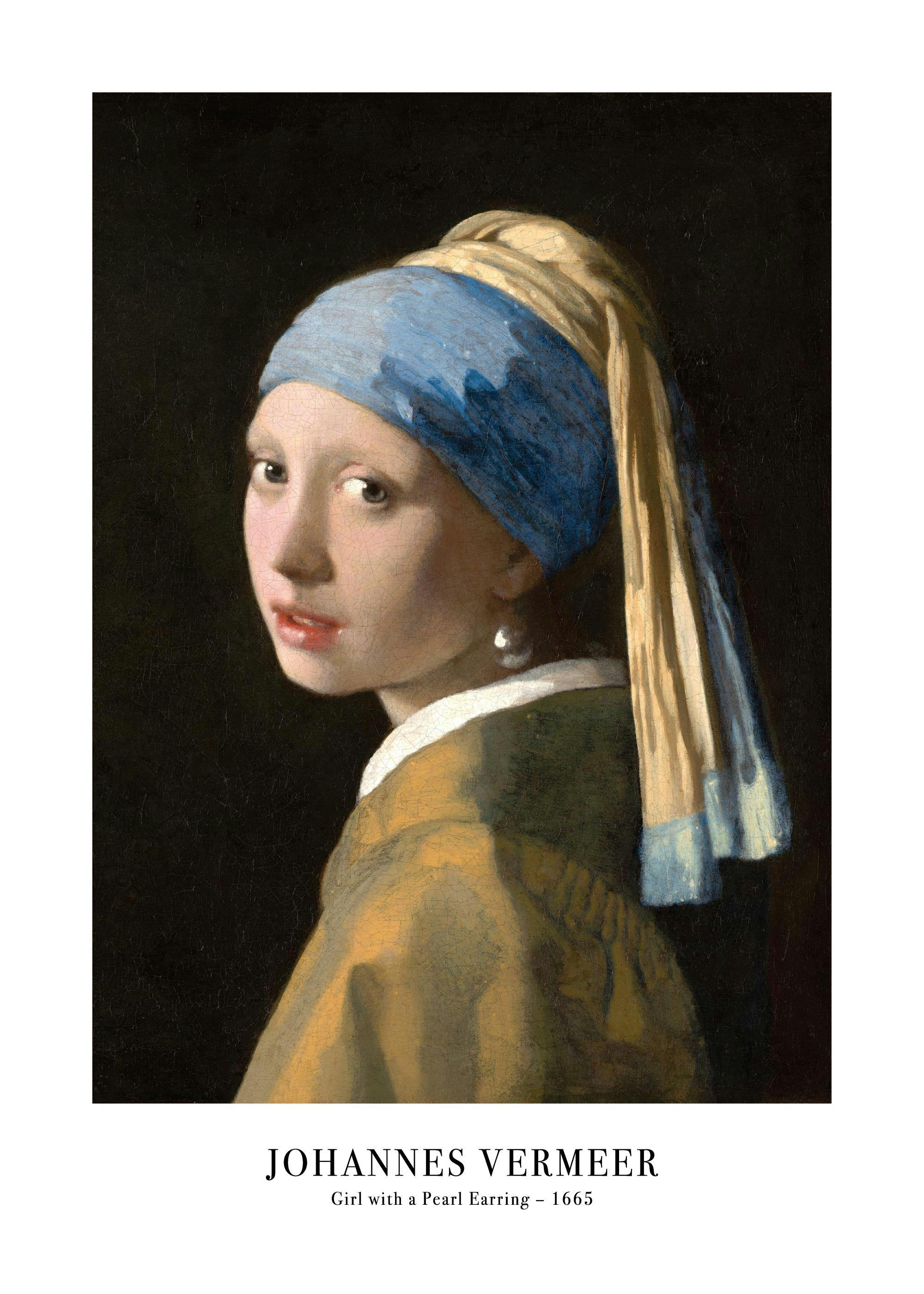 Poster van het schilderij Meisje met de parel van Johannes Vermeer, met een meisje met blauwe tulband en pareloorbel.