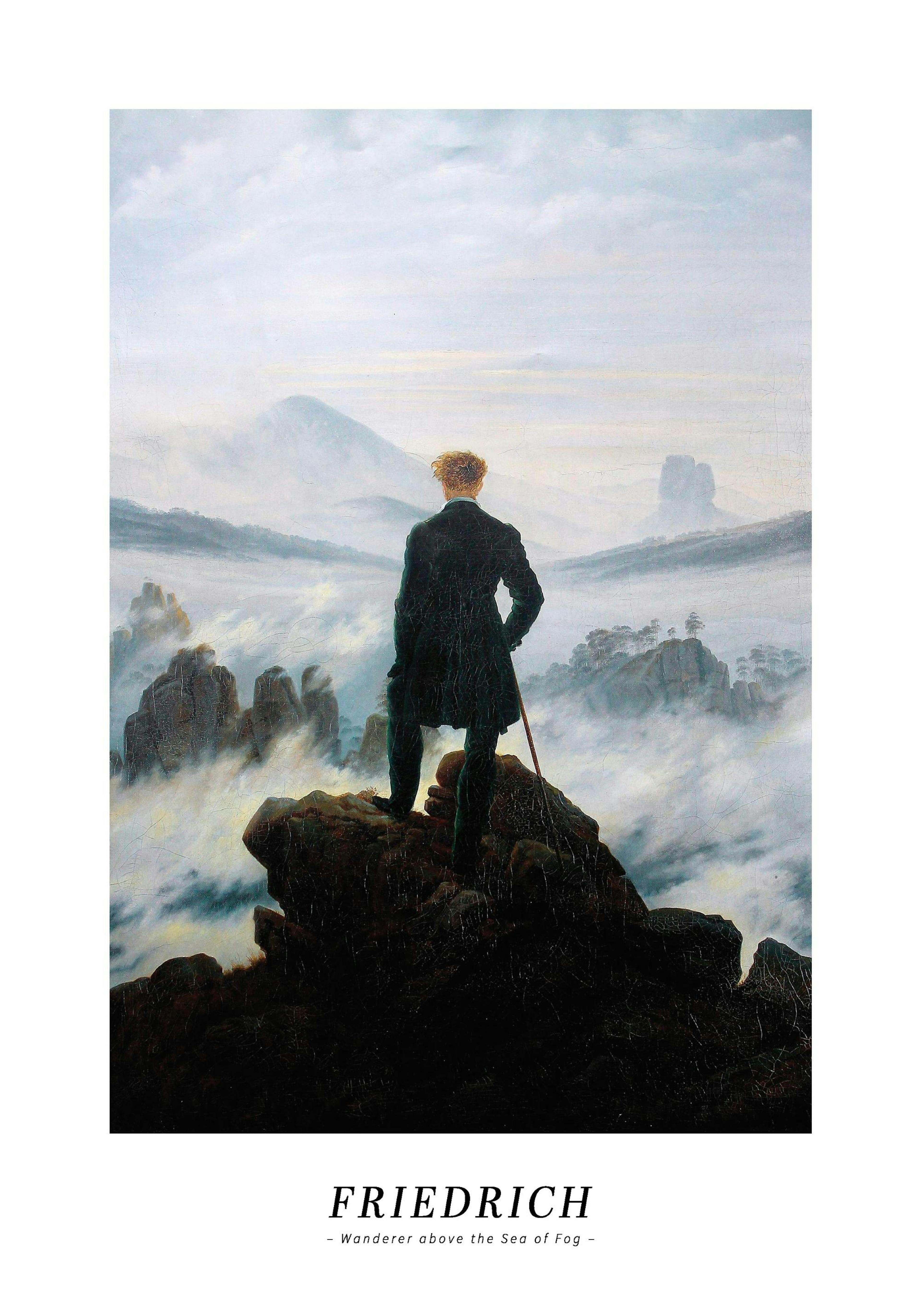 안개 바다 위 방랑자 그림 포스터. 바위 위에 서서 안개 낀 산과 바다를 등지고 바라보는 남자의 뒷모습을 그린 그림 포스터.
