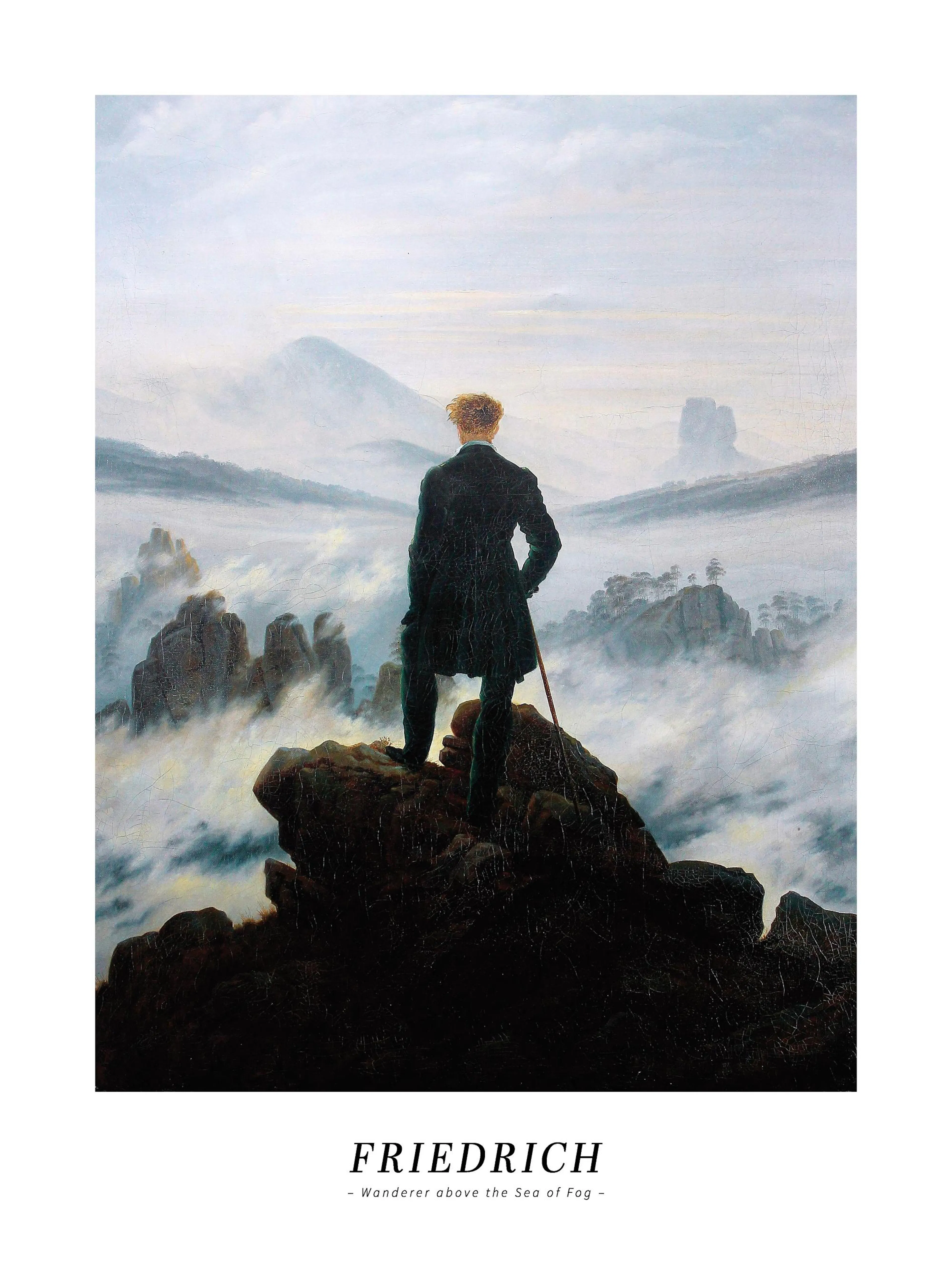 A poster featuring a man in a dark coat, seen from behind, standing on a rocky peak overlooking a misty mountain landscape.
