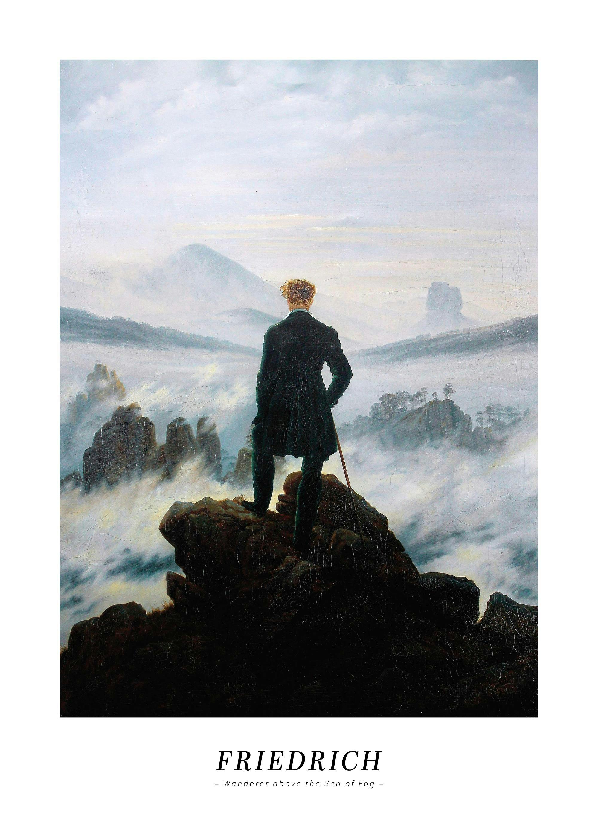 A poster featuring Friedrichs Wanderer Above the Sea of Fog, a man on a cliff overlooking a misty mountain landscape.