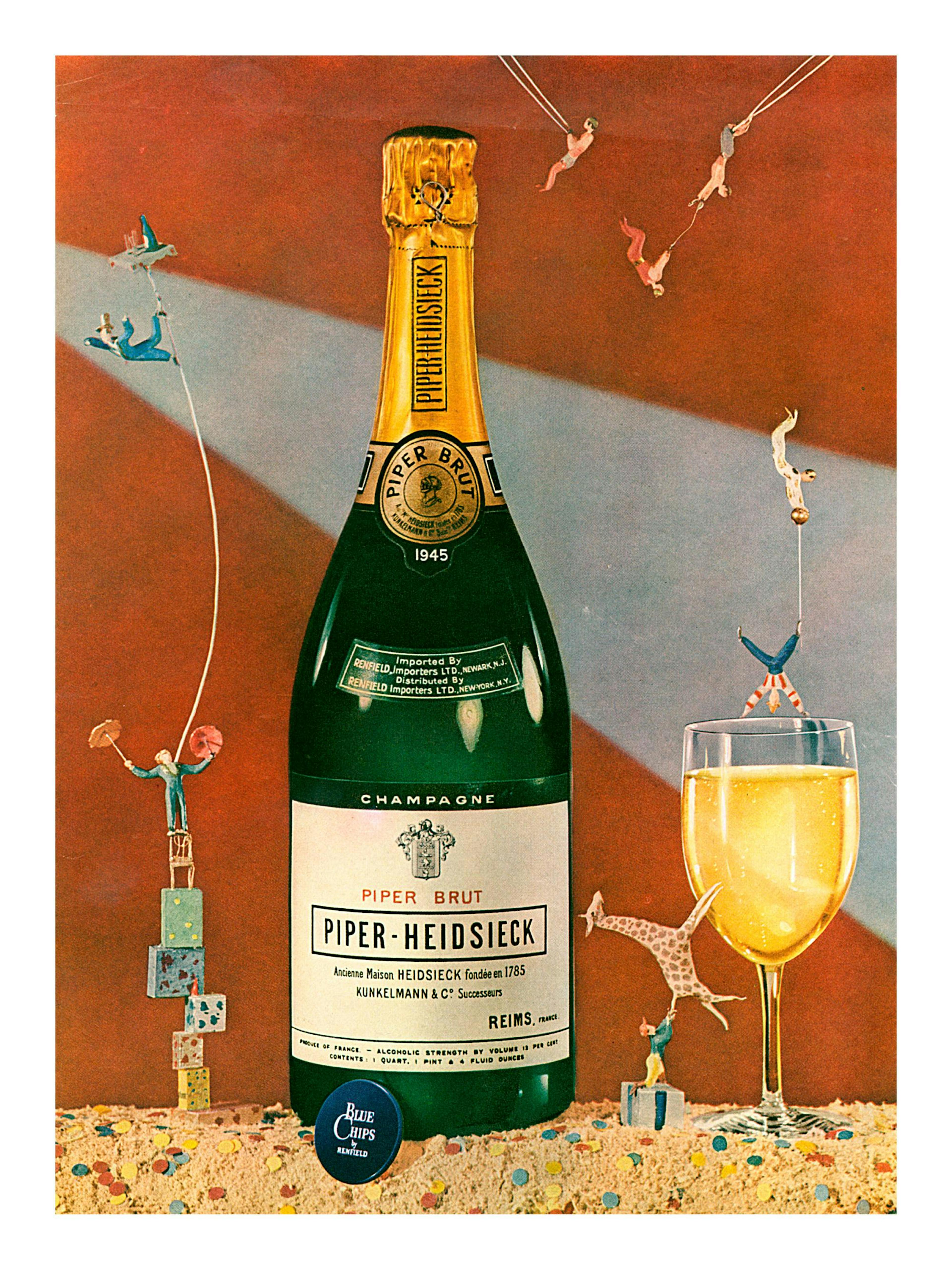 A vintage Piper-Heidsieck champagne poster with a large green bottle, a glass of champagne, and tiny acrobats on a red and gray 