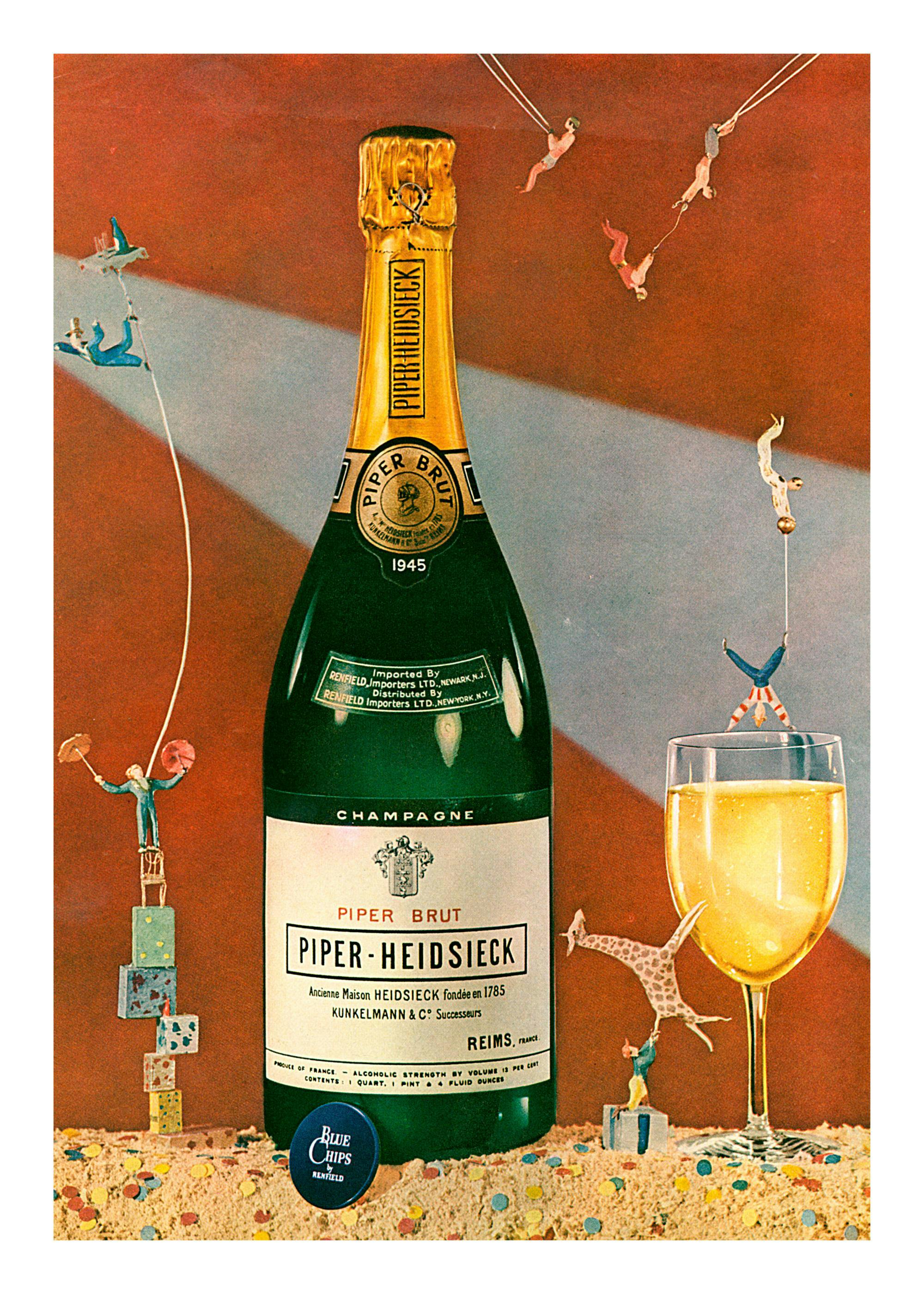 Poster eines Piper-Heidsieck Champagner-Flasche mit Glas, umgeben von winzigen Akrobaten und Konfetti auf rotem Hintergrund.