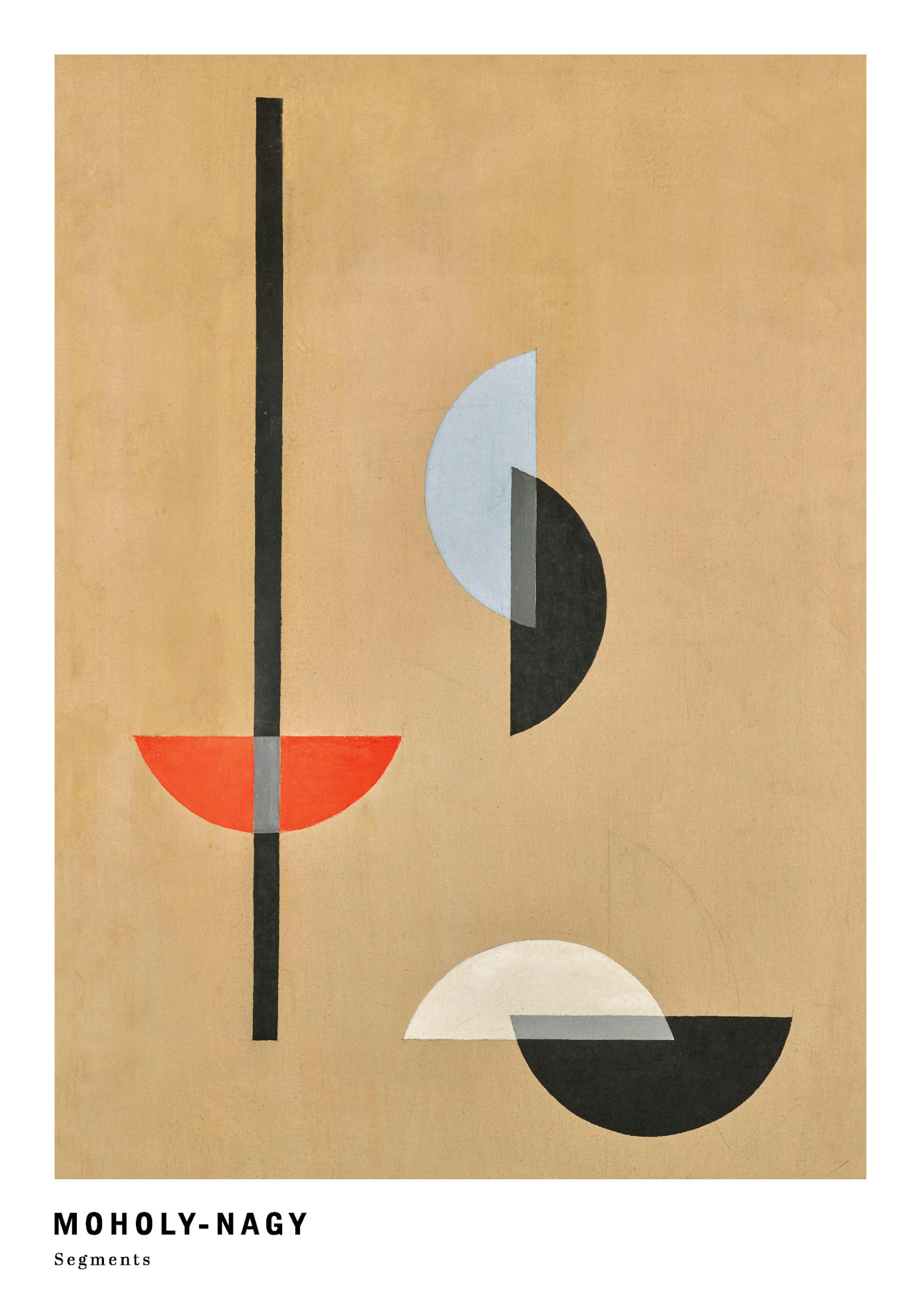 Póster de Moholy-Nagy con una línea negra vertical y formas geométricas en rojo, azul, blanco y negro sobre fondo beige.
