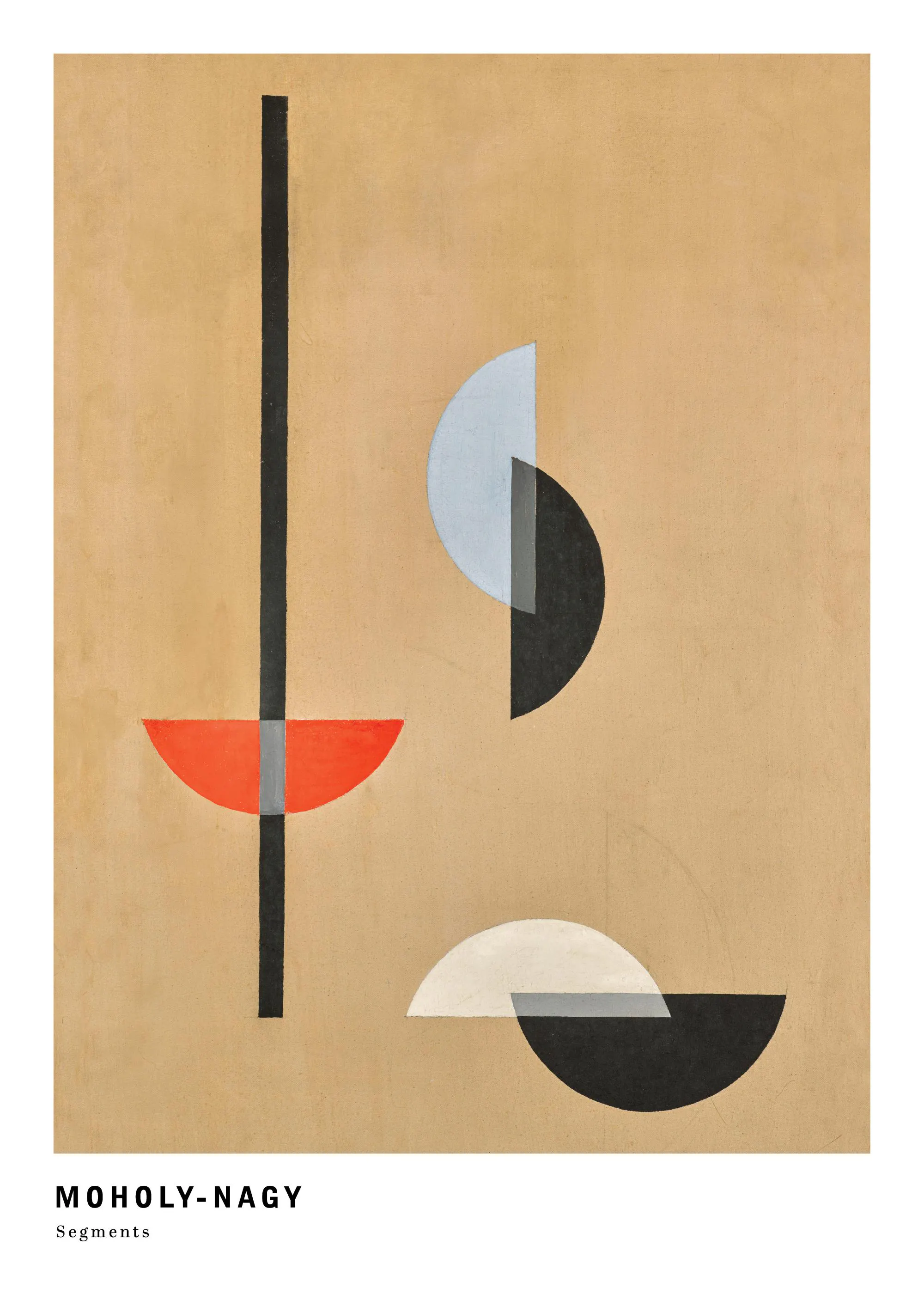 A poster featuring a Bauhaus geometric design with a black vertical line intersecting red, white, and blue semicircles.