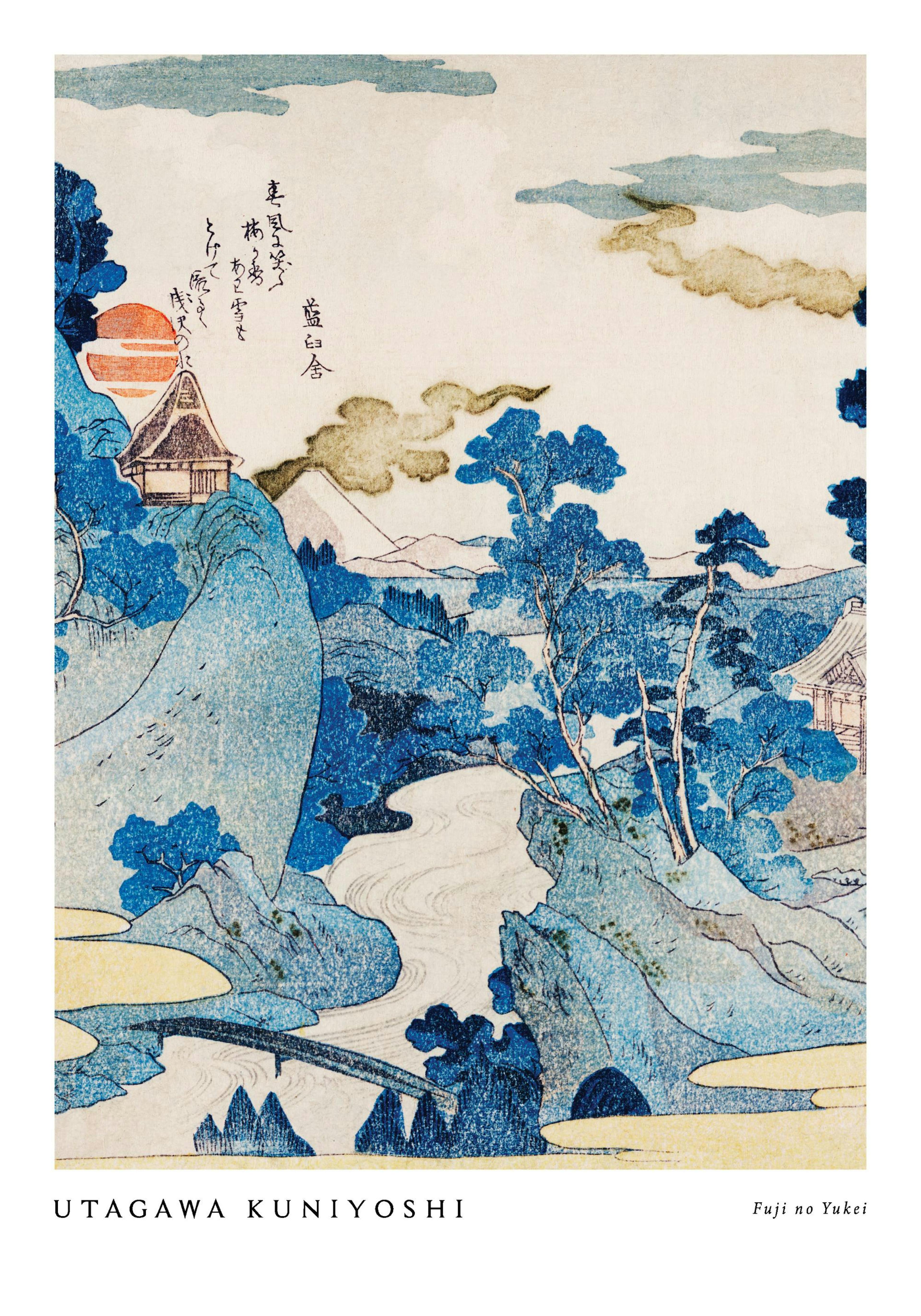 En plakat af et japansk landskab i blå nuancer med en flod, bjerge, solnedgang og et hus.