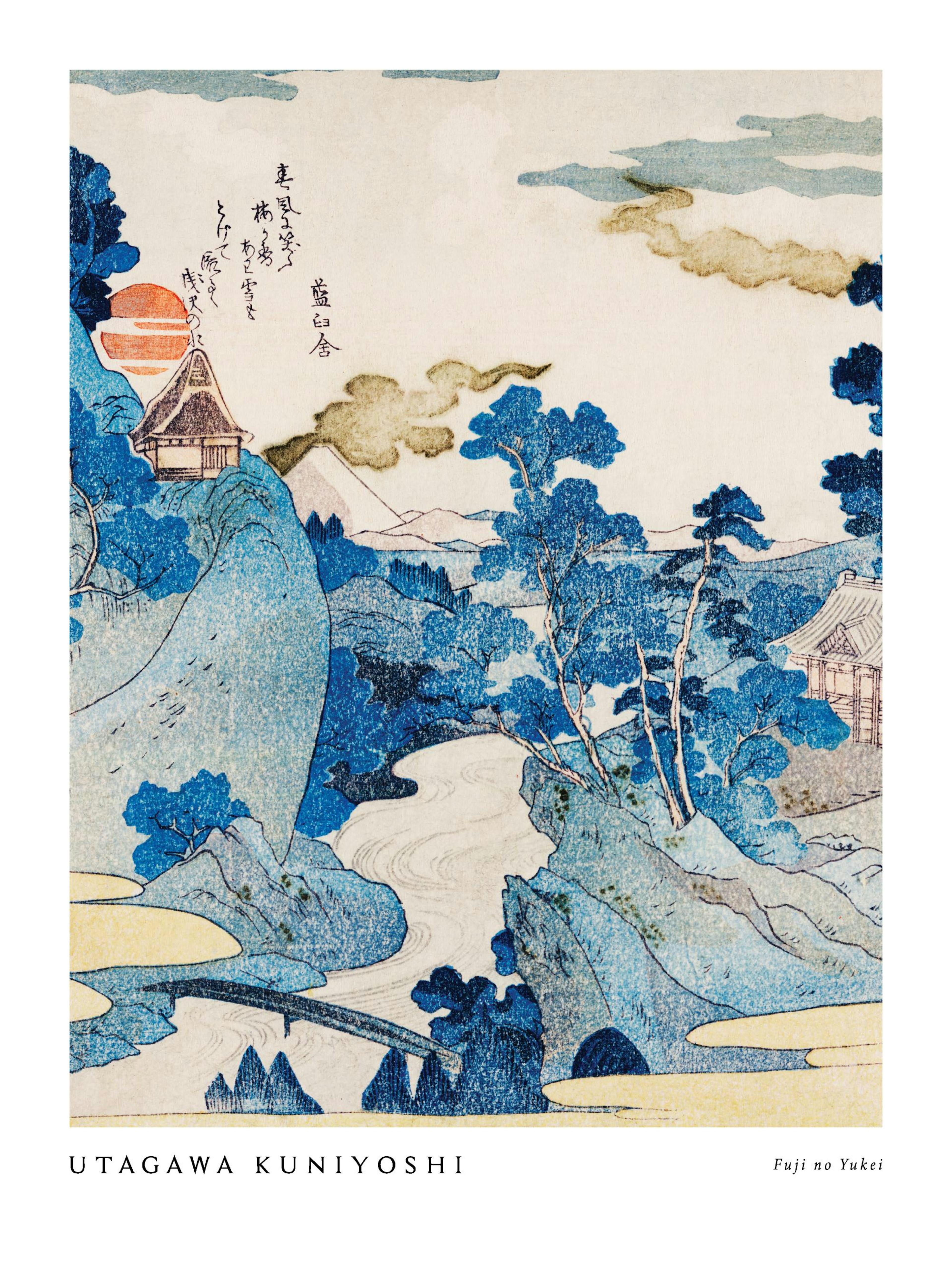 A poster featuring a Japanese woodblock print of a blue landscape with mountains, trees, a river, and a house on a hill.
