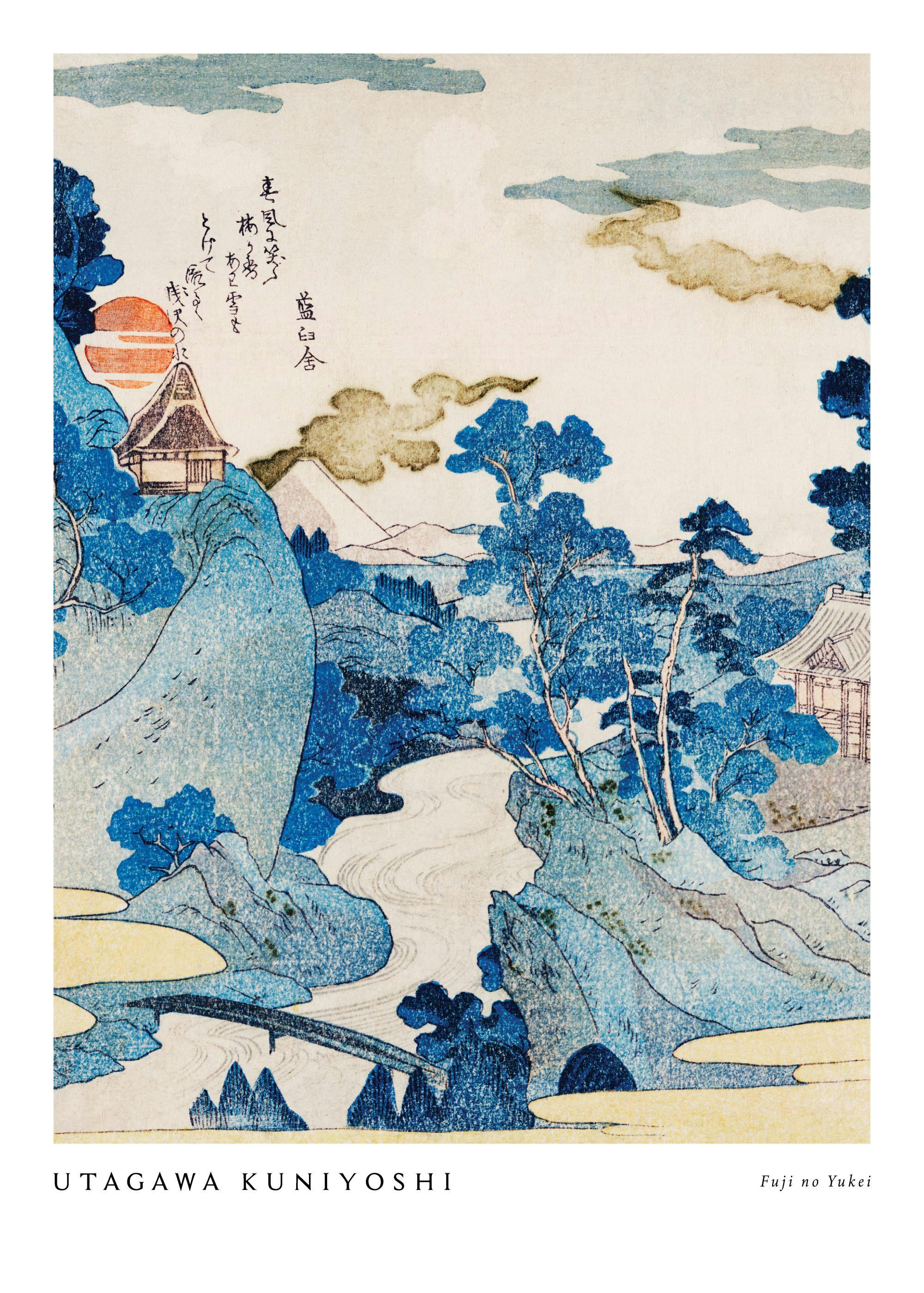 En plakat av et japansk landskap, med blå trær og fjell, en elv, et hus på en topp, og en oransje sol på himmelen.