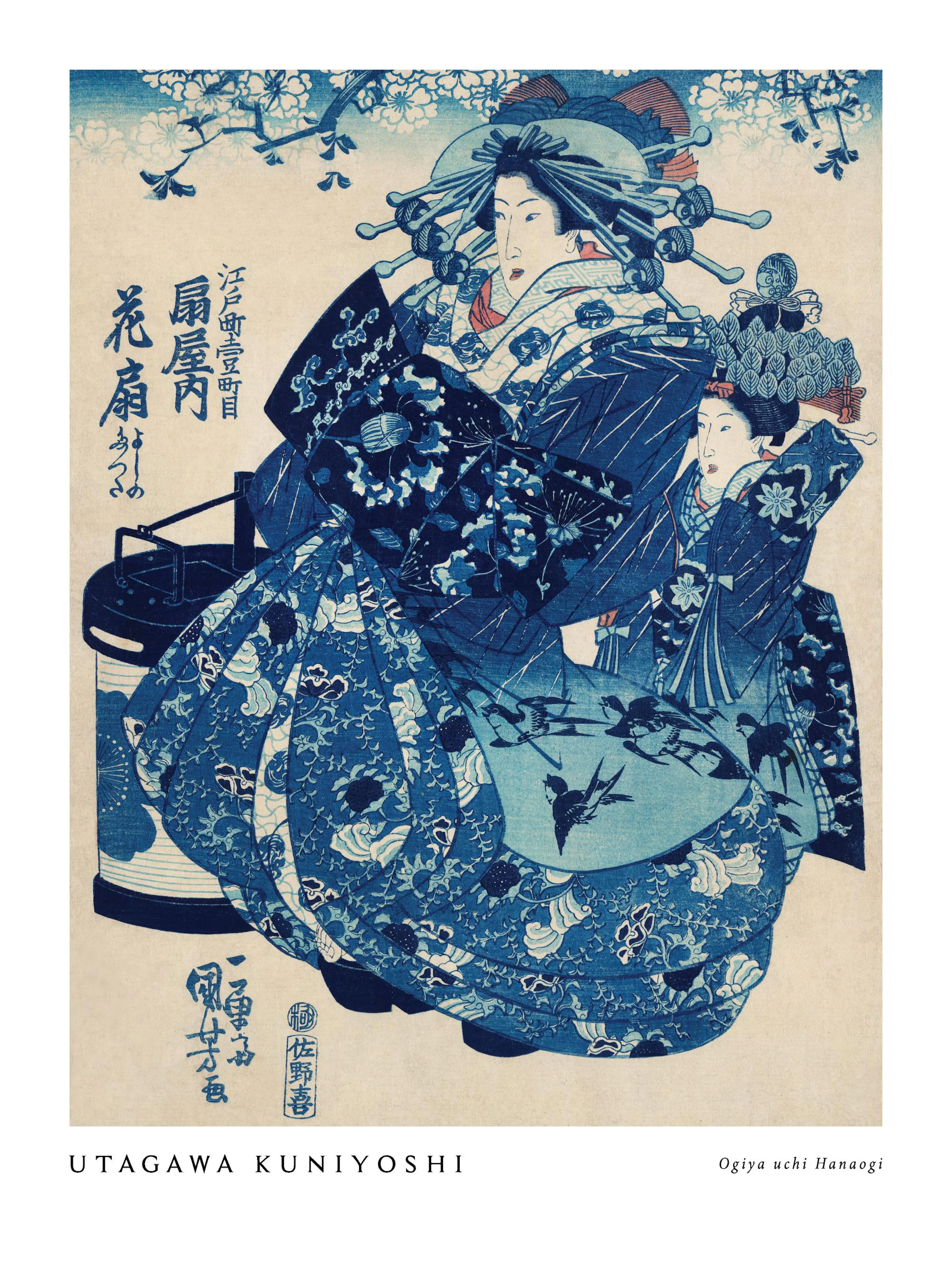 Un poster ukiyo-e bleu et blanc de deux geishas japonaises avec des motifs floraux et des oiseaux.