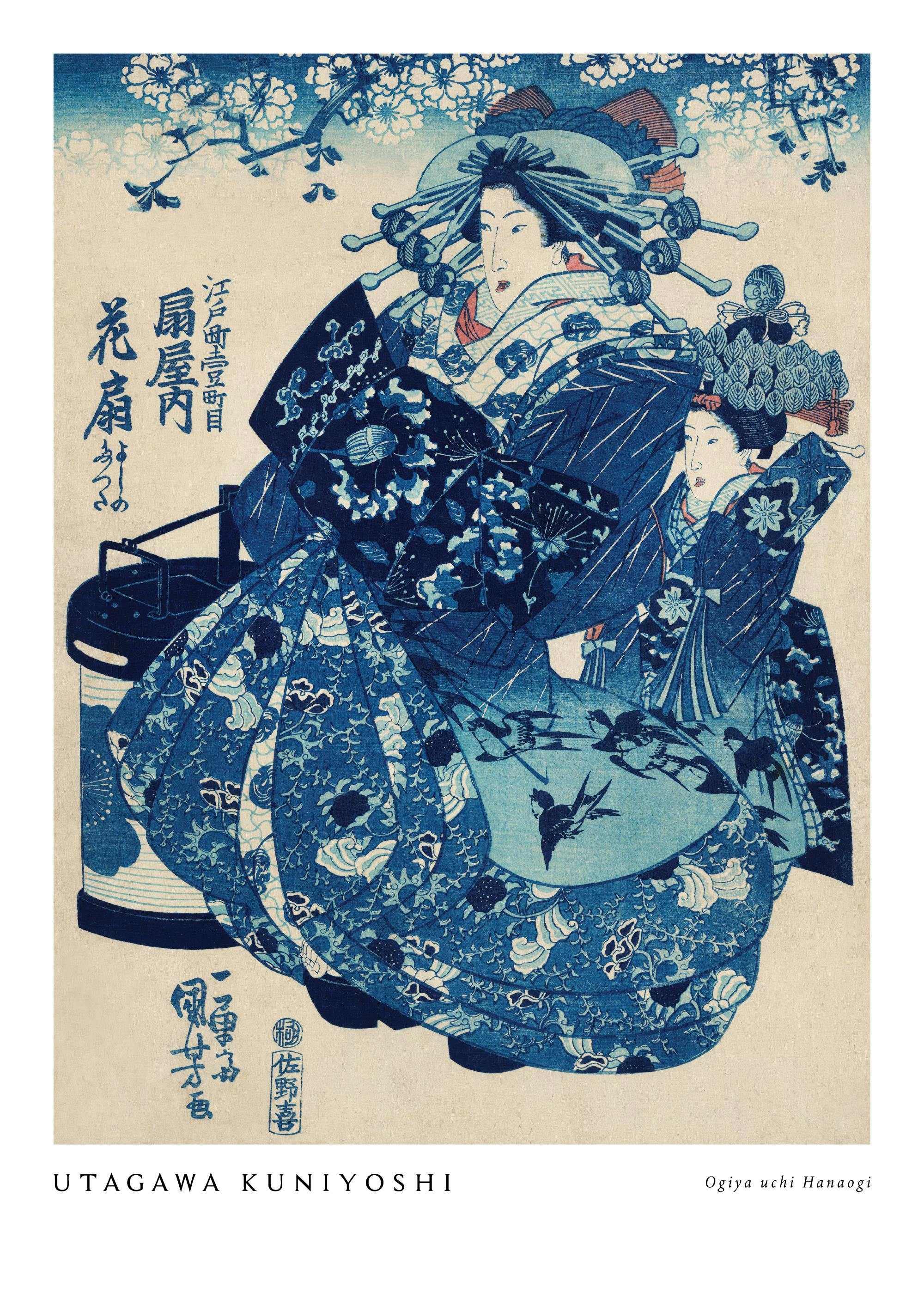 Een poster met een ukiyo-e kunstwerk van twee Japanse vrouwen in blauwe kimonos, met een kersenbloesemtak op de achtergrond.