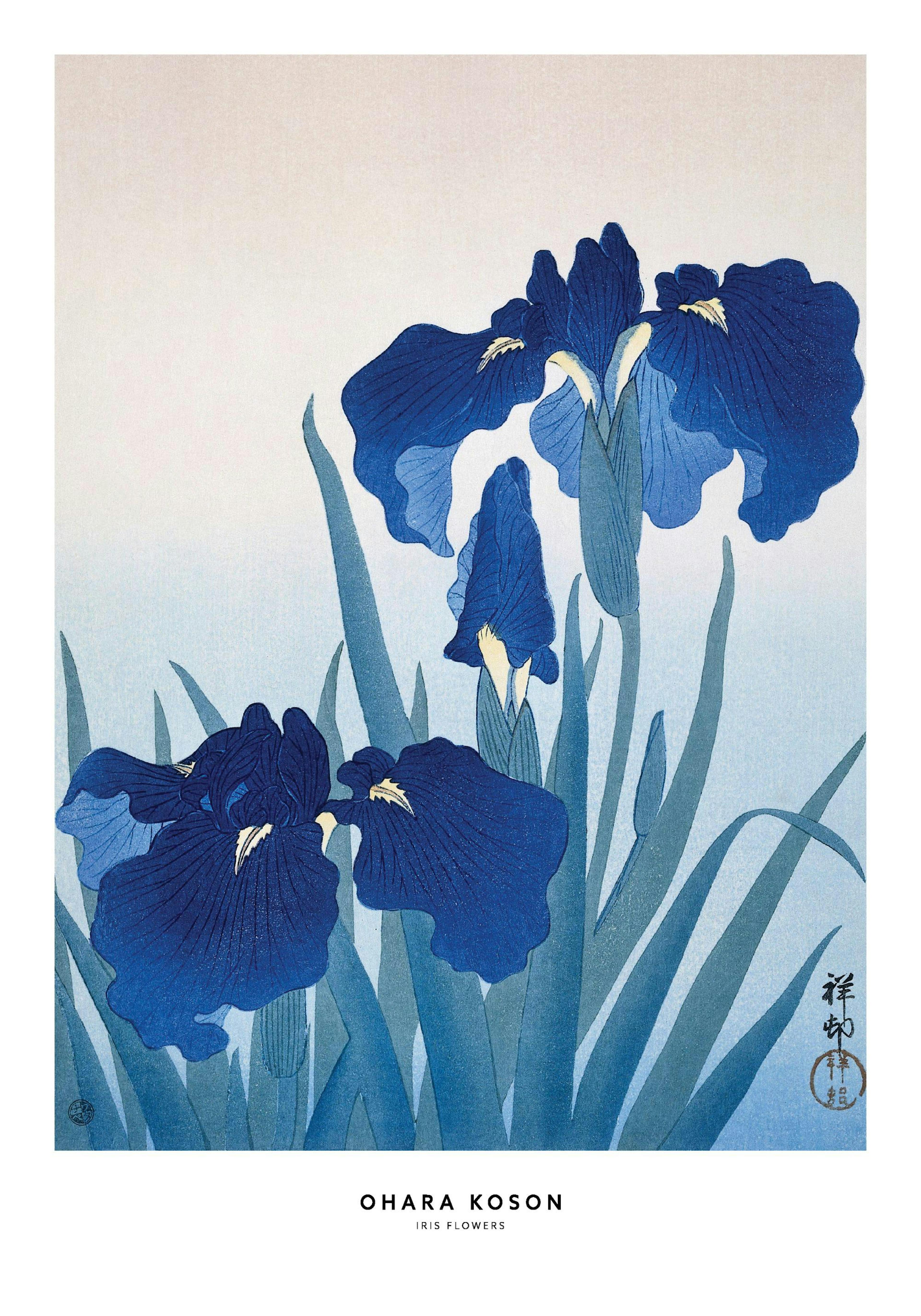 A poster featuring a Japanese woodblock print of three deep blue iris flowers with green leaves against a light blue and white b