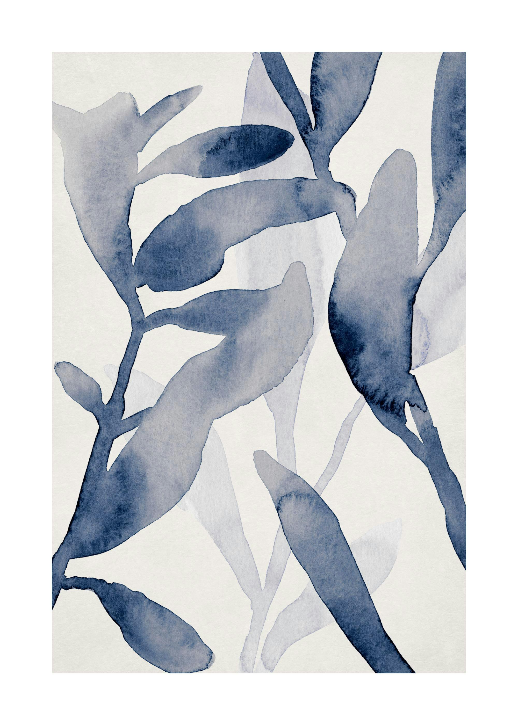 Poster avec des formes organiques abstraites bleues et grises sur un fond clair, évoquant des feuilles.