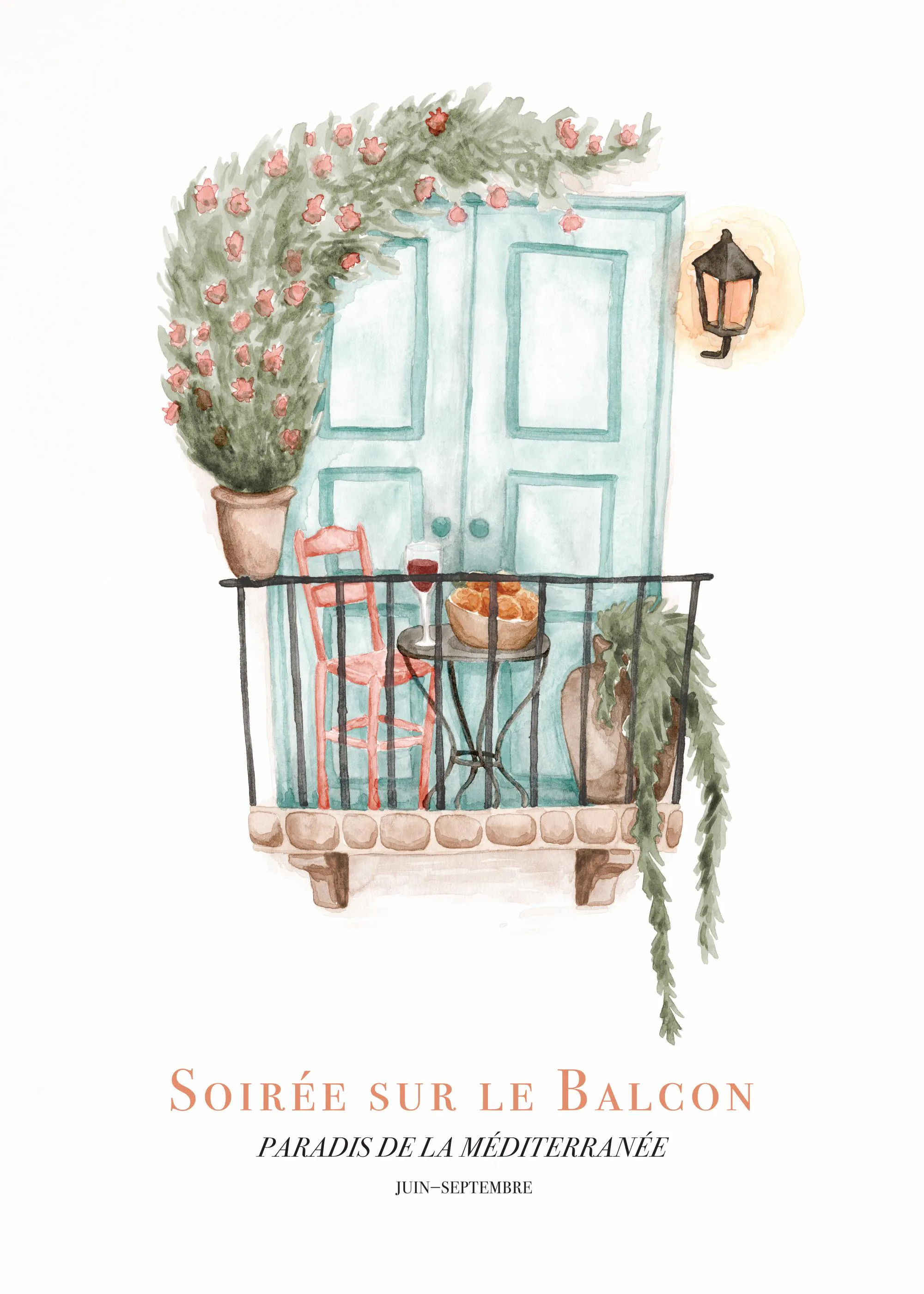 A watercolor poster depicting a Mediterranean balcony scene, with a light blue door, a red chair, a small table with wine, and p