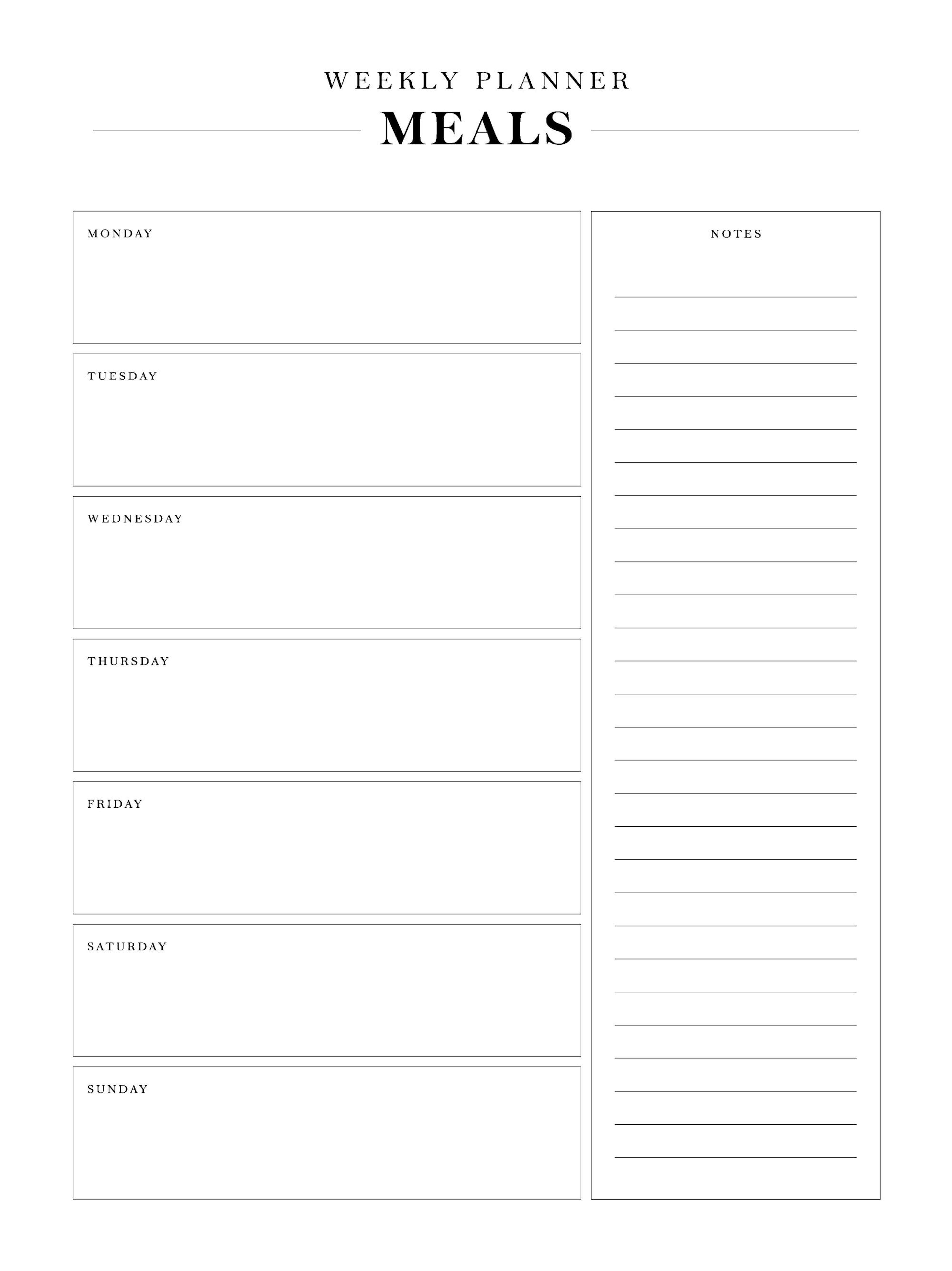Un poster dun planificateur de repas hebdomadaire minimaliste en noir et blanc avec des sections pour chaque jour et des notes.