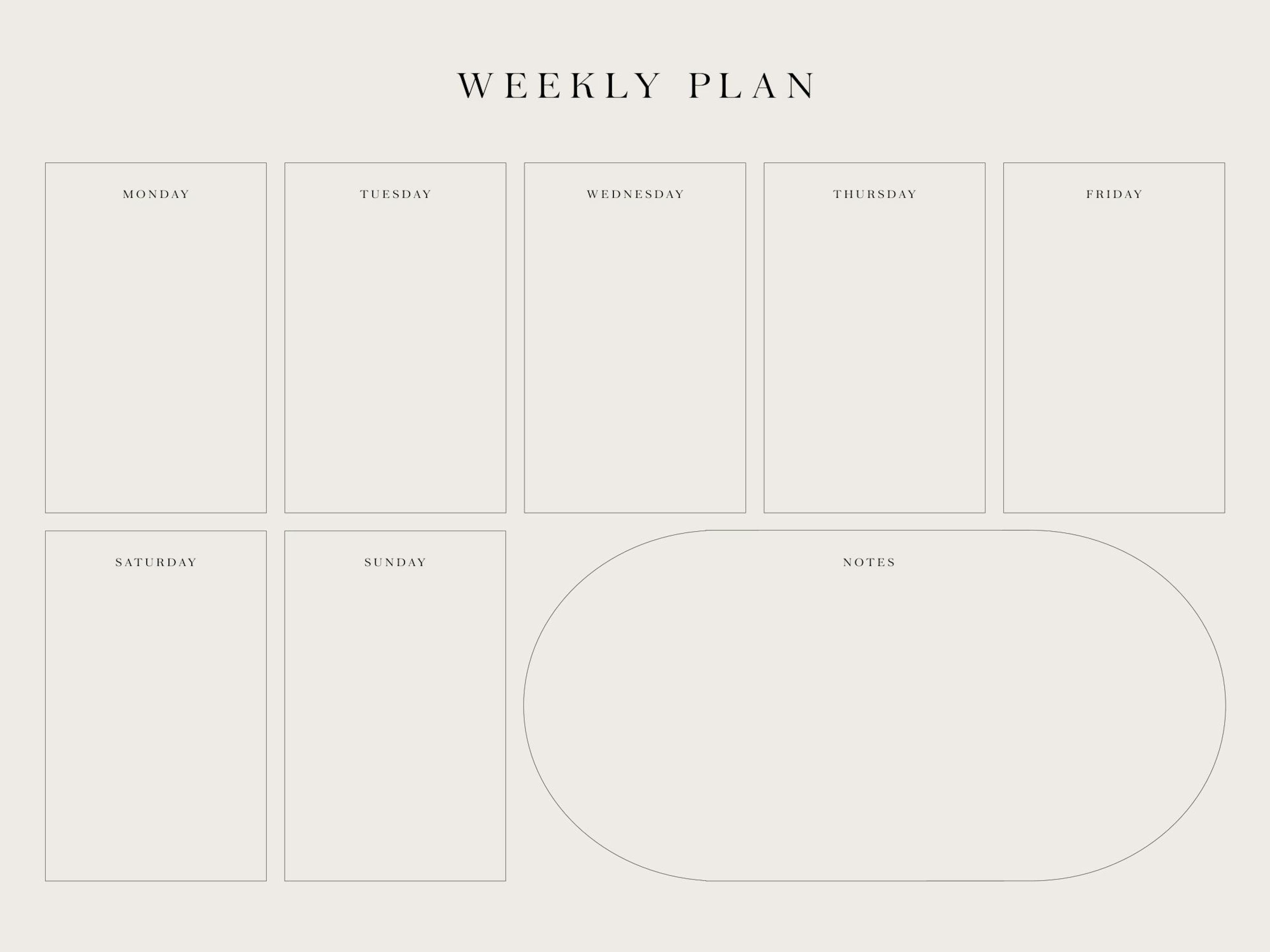 「WEEKLY PLAN」のタイトルと曜日、メモ欄があるベージュ色のミニマリストなポスター。