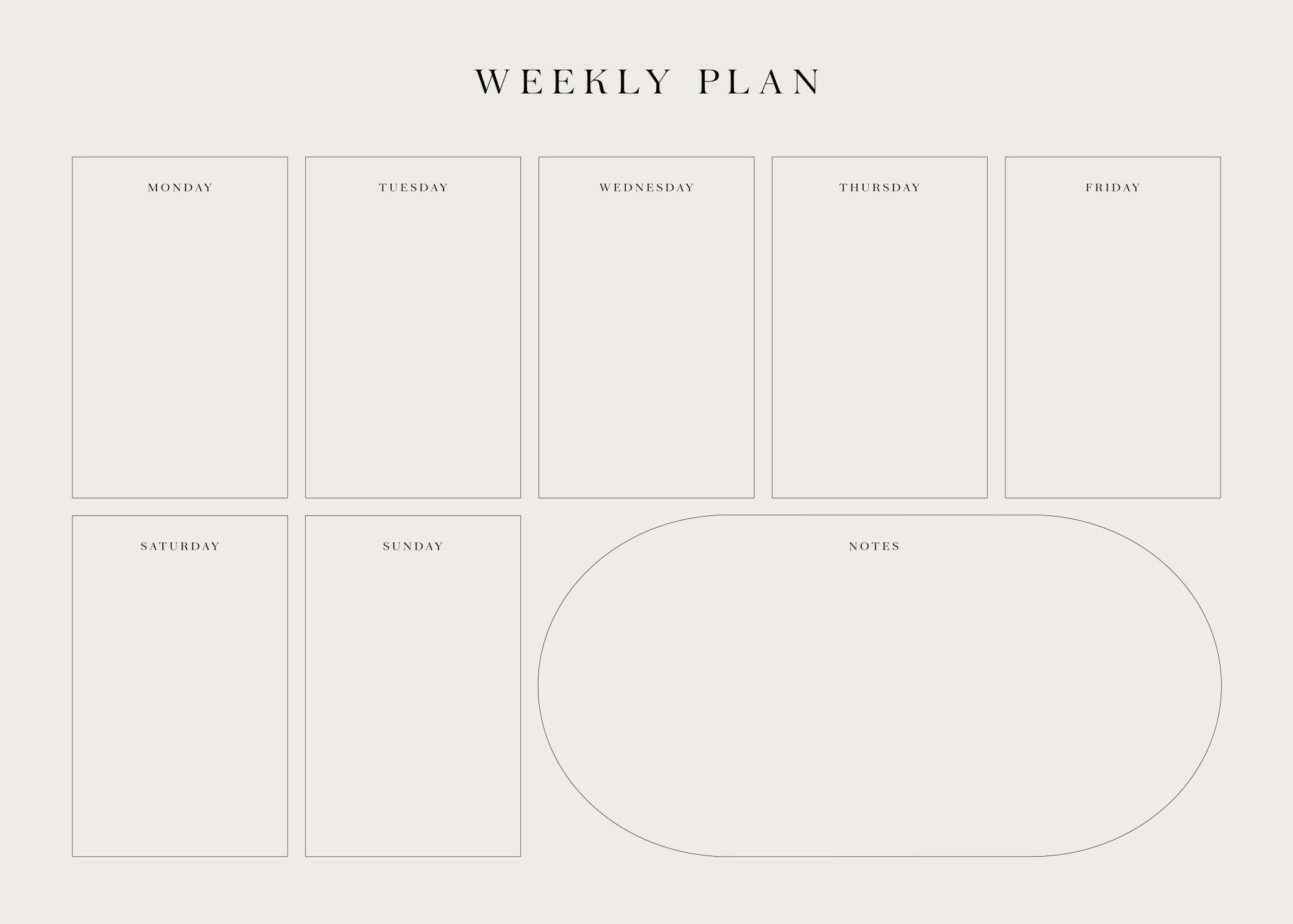 Póster de Weekly Plan con siete cajas para cada día y una caja ovalada para notas, sobre un fondo beige claro.