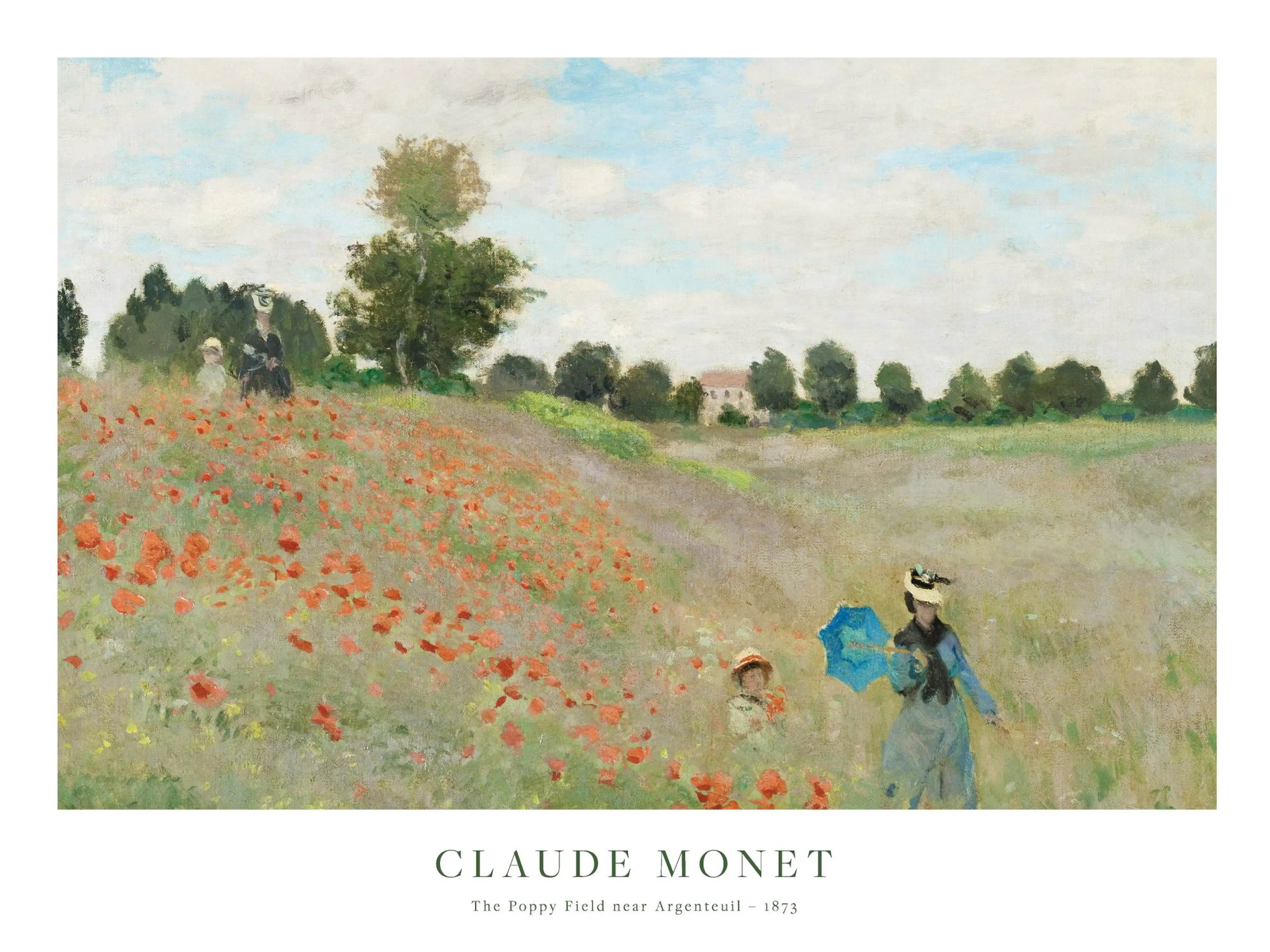 Poster du champ de coquelicots de Monet, avec des personnages sous un ciel nuageux.