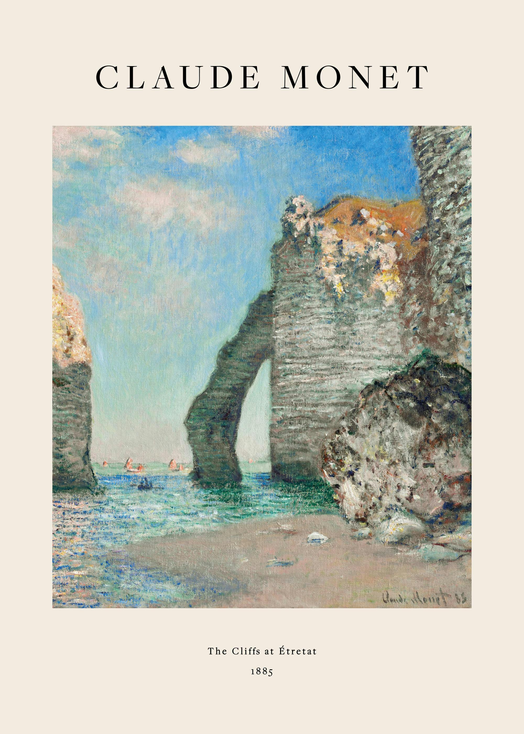 Plakat med Claude Monets maleri av klipper og hav i pastellfarger, The Cliffs at Étretat.