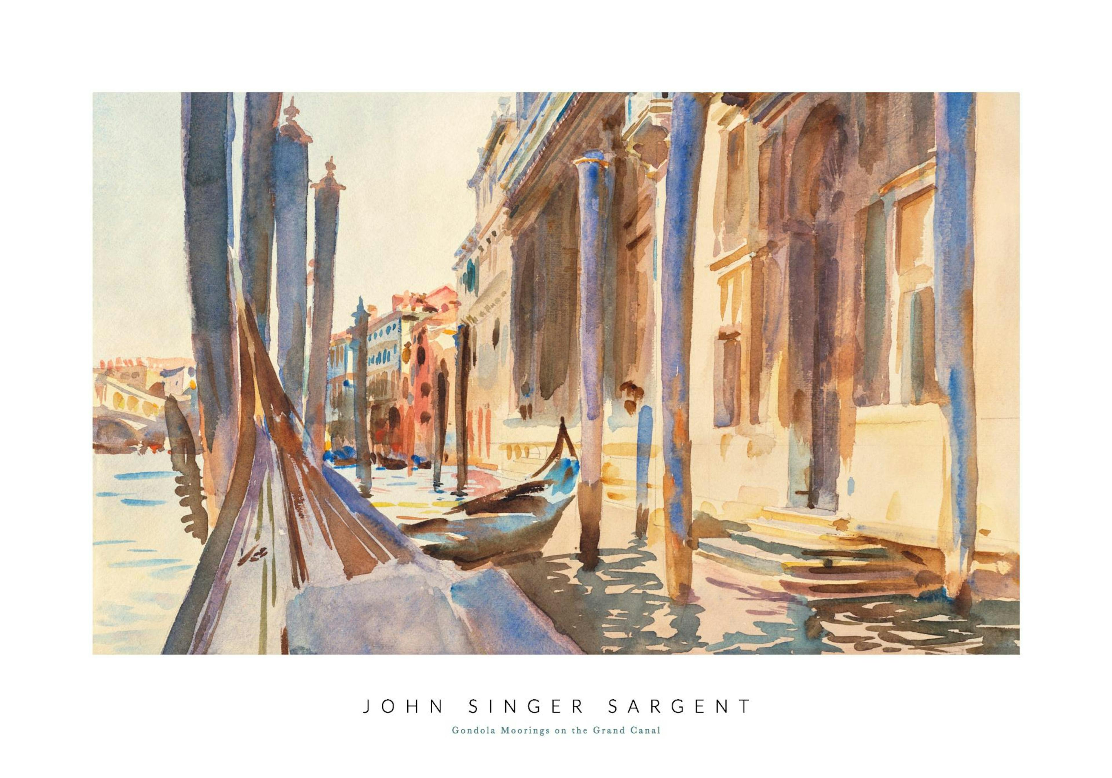 Poster con un acquerello di Venezia, raffigurante pali da ormeggio e una gondola sul Canal Grande, con edifici storici sullo sfo