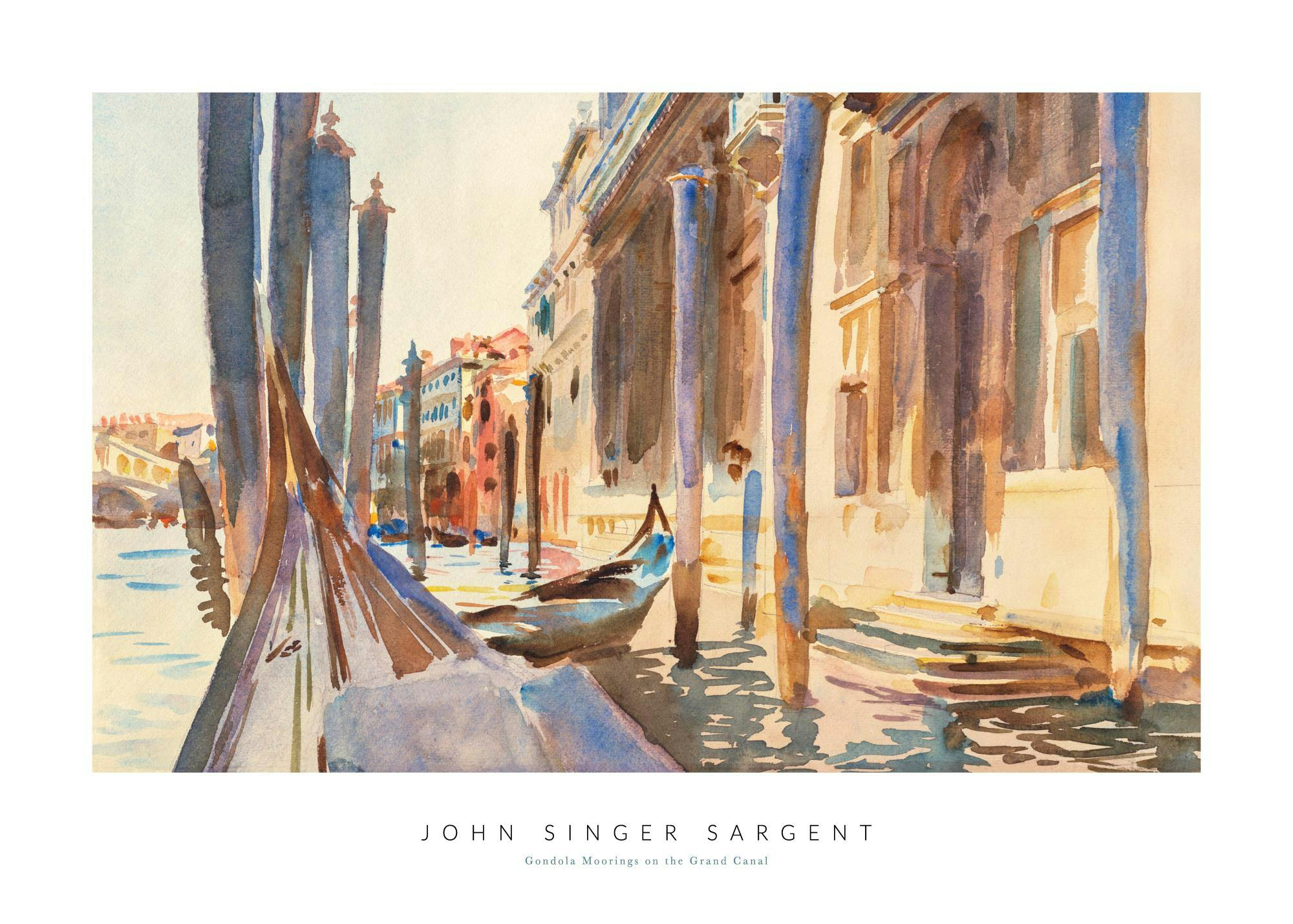 Poster con un acquerello di Venezia, raffigurante pali da ormeggio e una gondola sul Canal Grande, con edifici storici sullo sfo