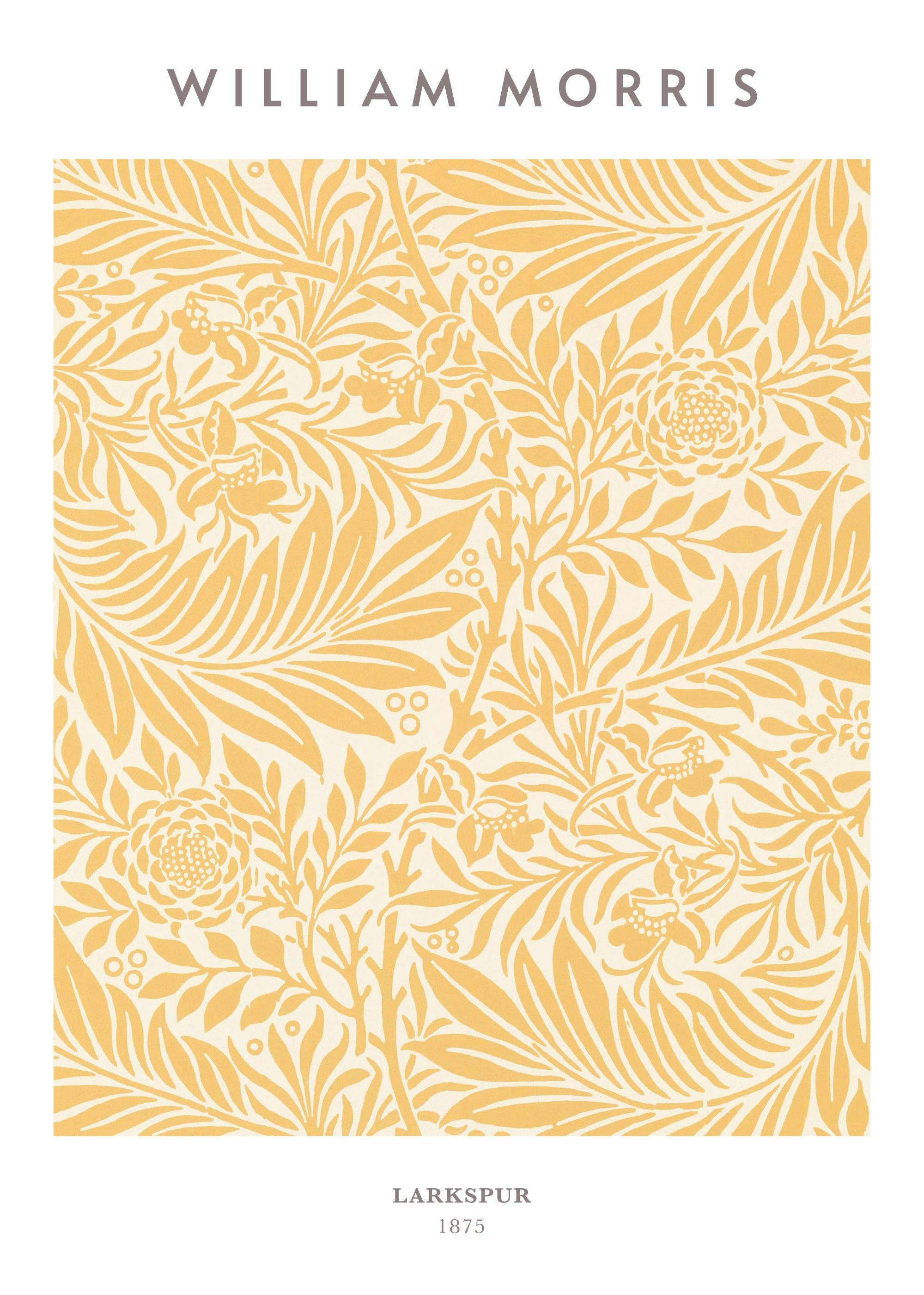 Keltainen William Morris Larkspur -juliste, jossa on tiheä kukkakuvio vaalealla pohjalla.