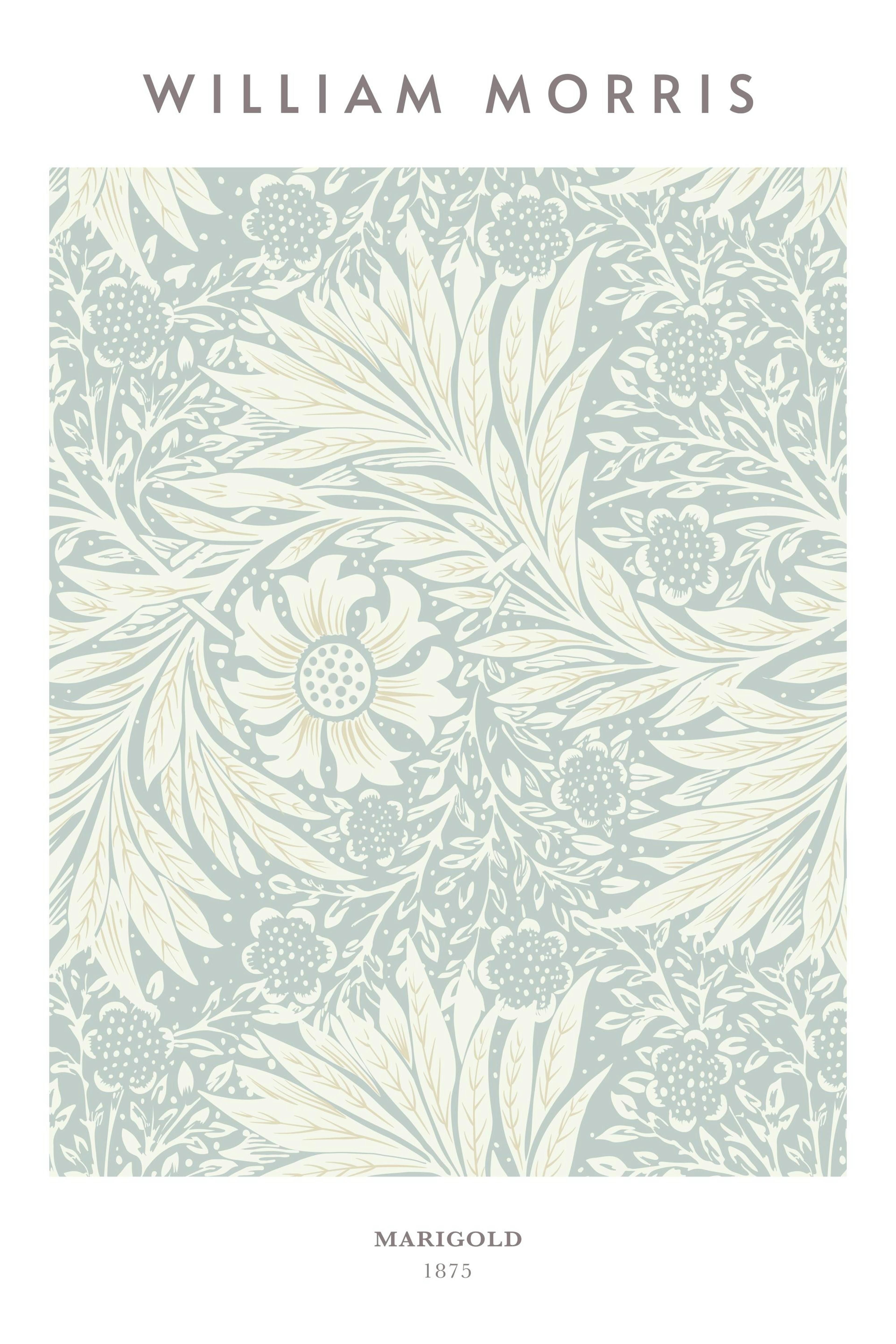 Poster William Morris, motif floral Marigold pastel, tons doux de bleu clair, blanc crème et beige.