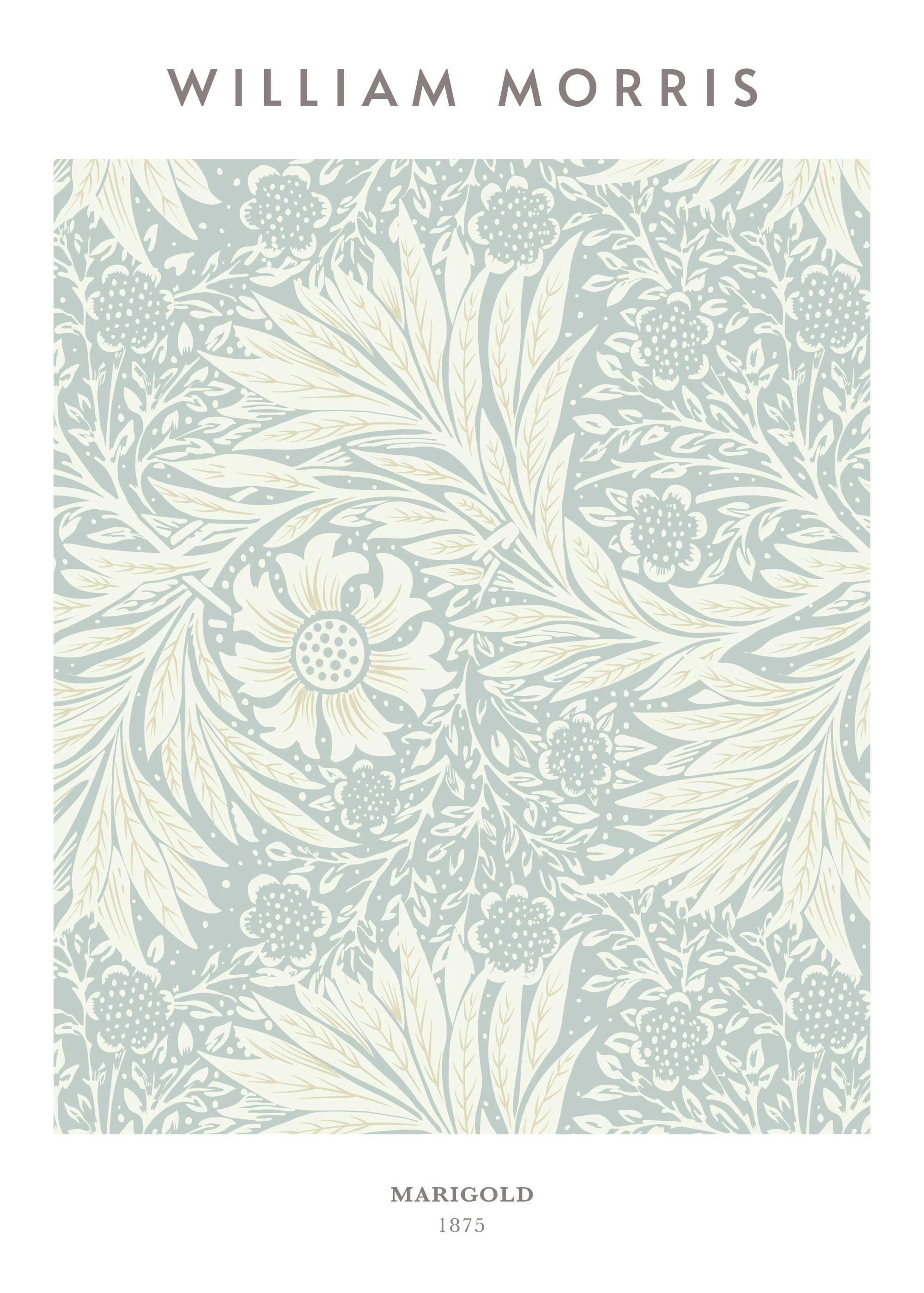 Poster William Morris, motif floral Marigold pastel, tons doux de bleu clair, blanc crème et beige.