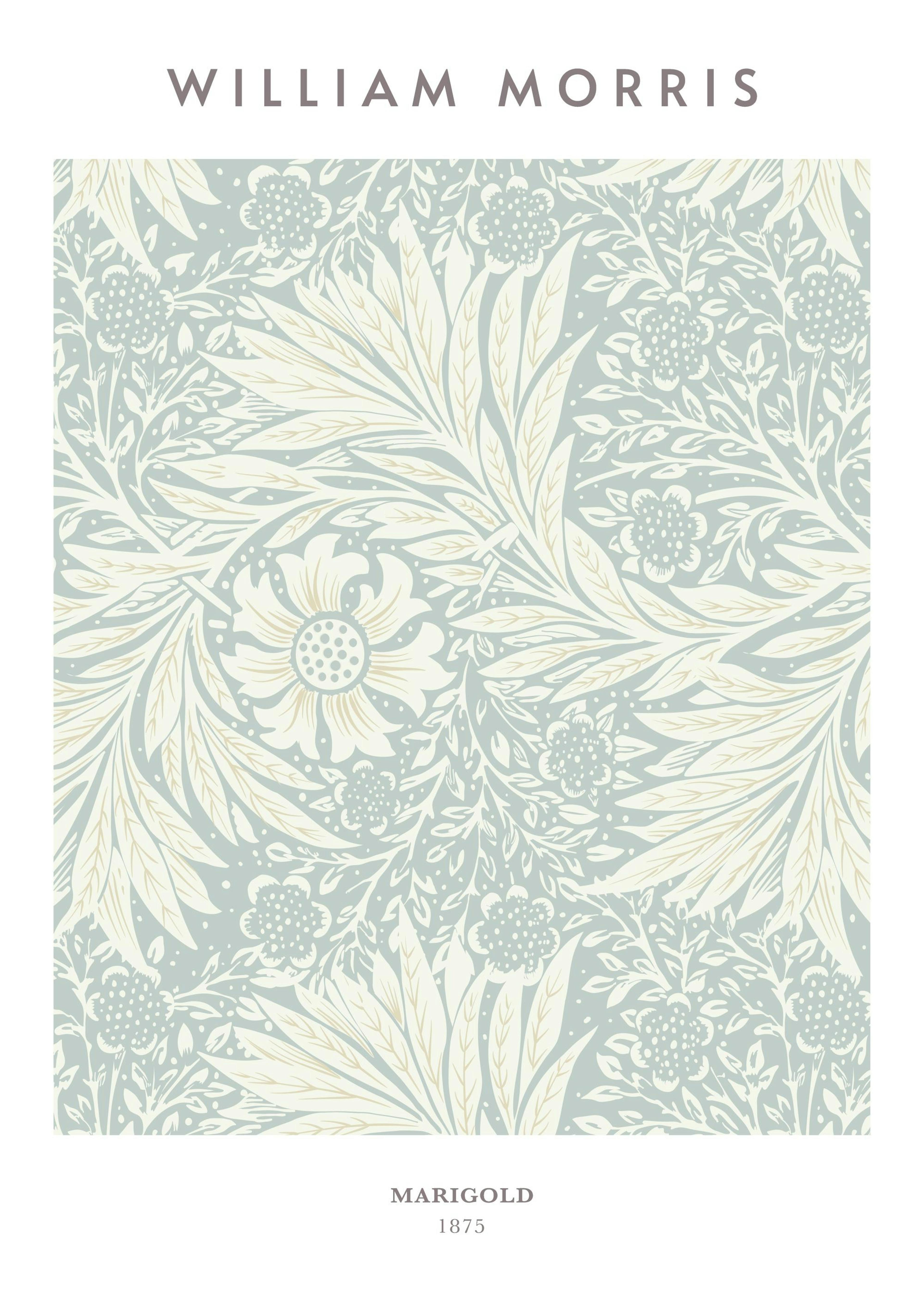 Poster William Morris, motif floral Marigold pastel, tons doux de bleu clair, blanc crème et beige.