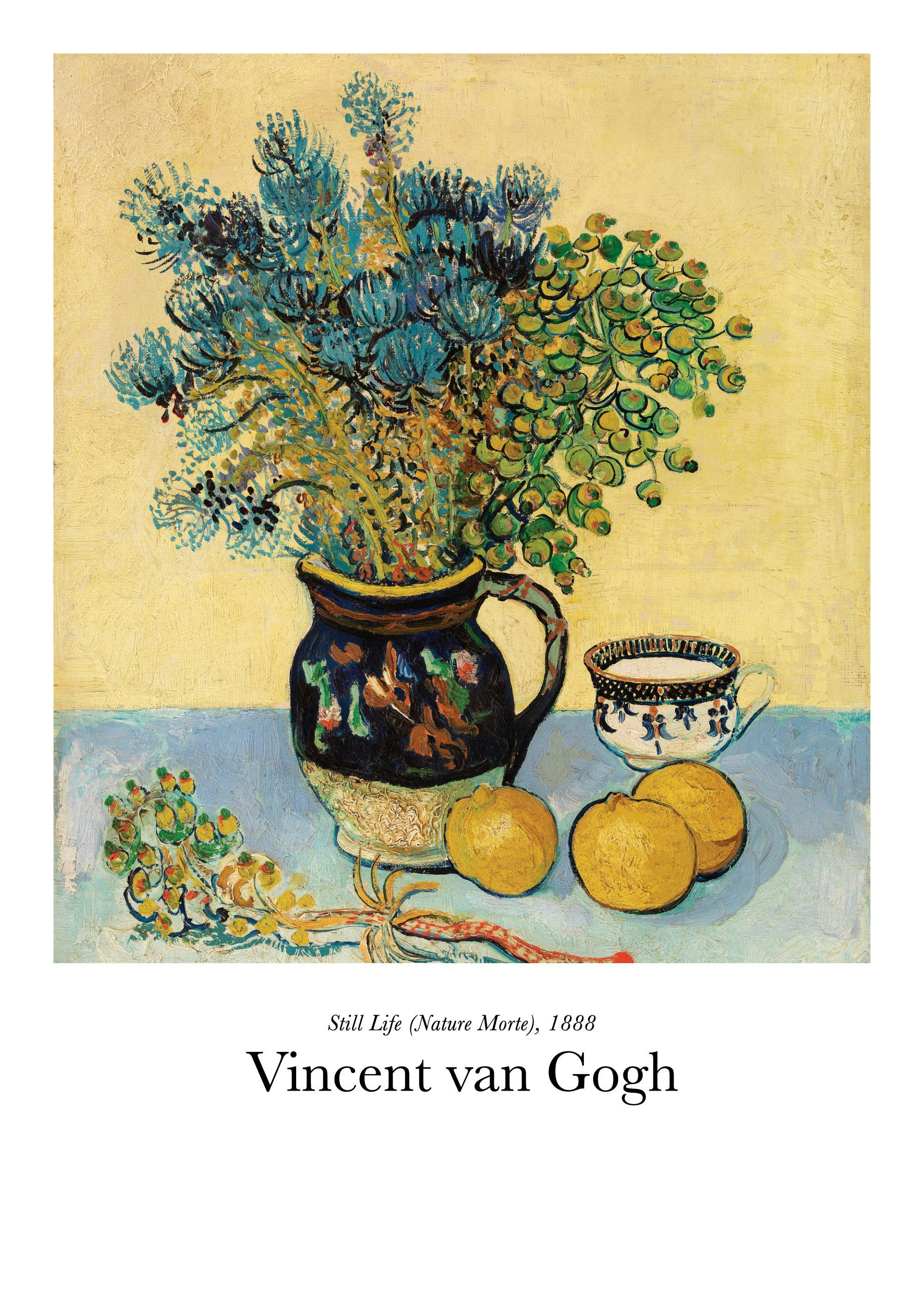 A poster featuring Van Goghs Still Life (Nature Morte) with blue flowers in a dark vase, a teacup, and oranges on a blue cloth.