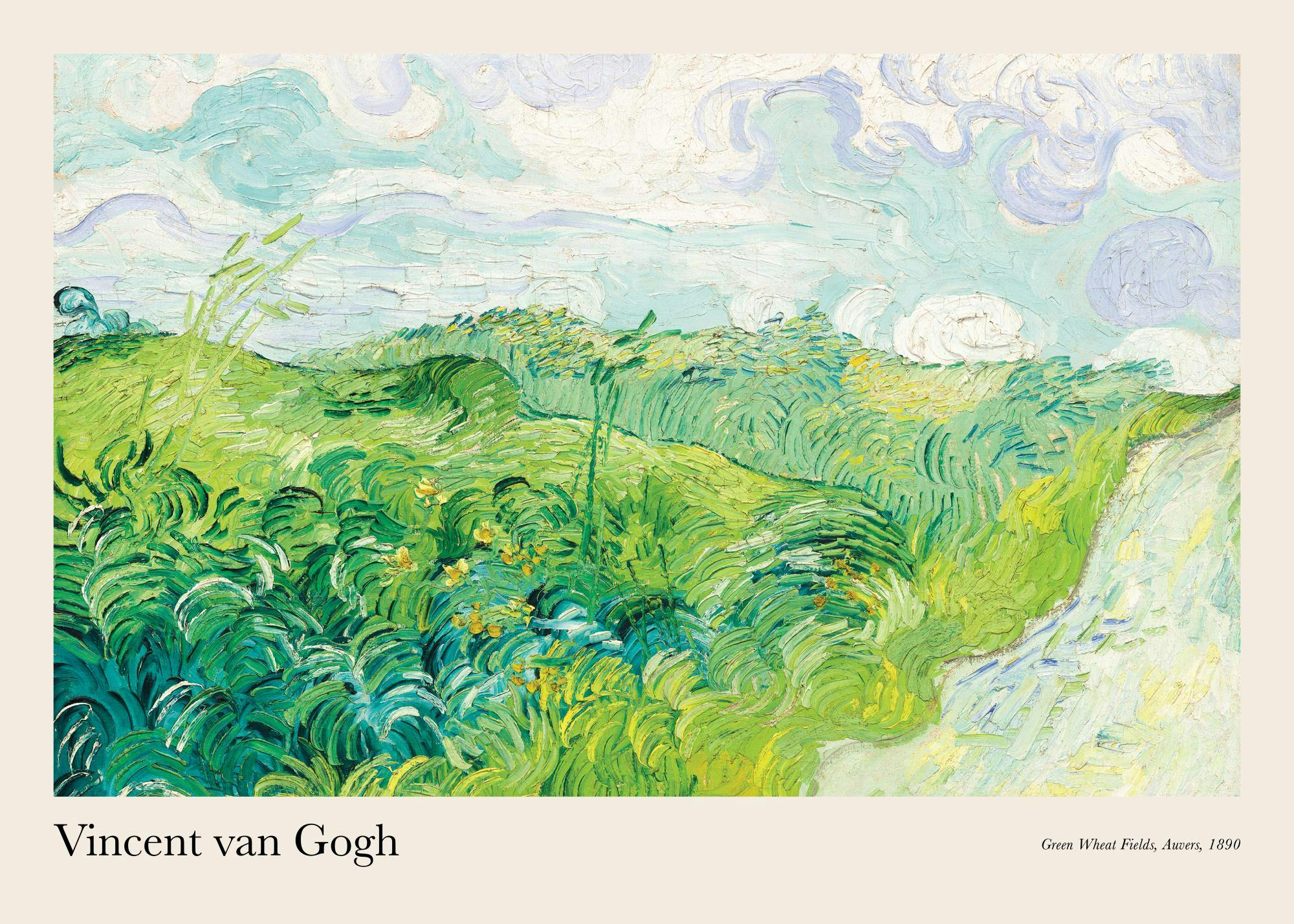 Poster von Van Goghs Grüne Weizenfelder, Auvers mit hügeliger grüner Landschaft und leuchtend blauem Himmel.