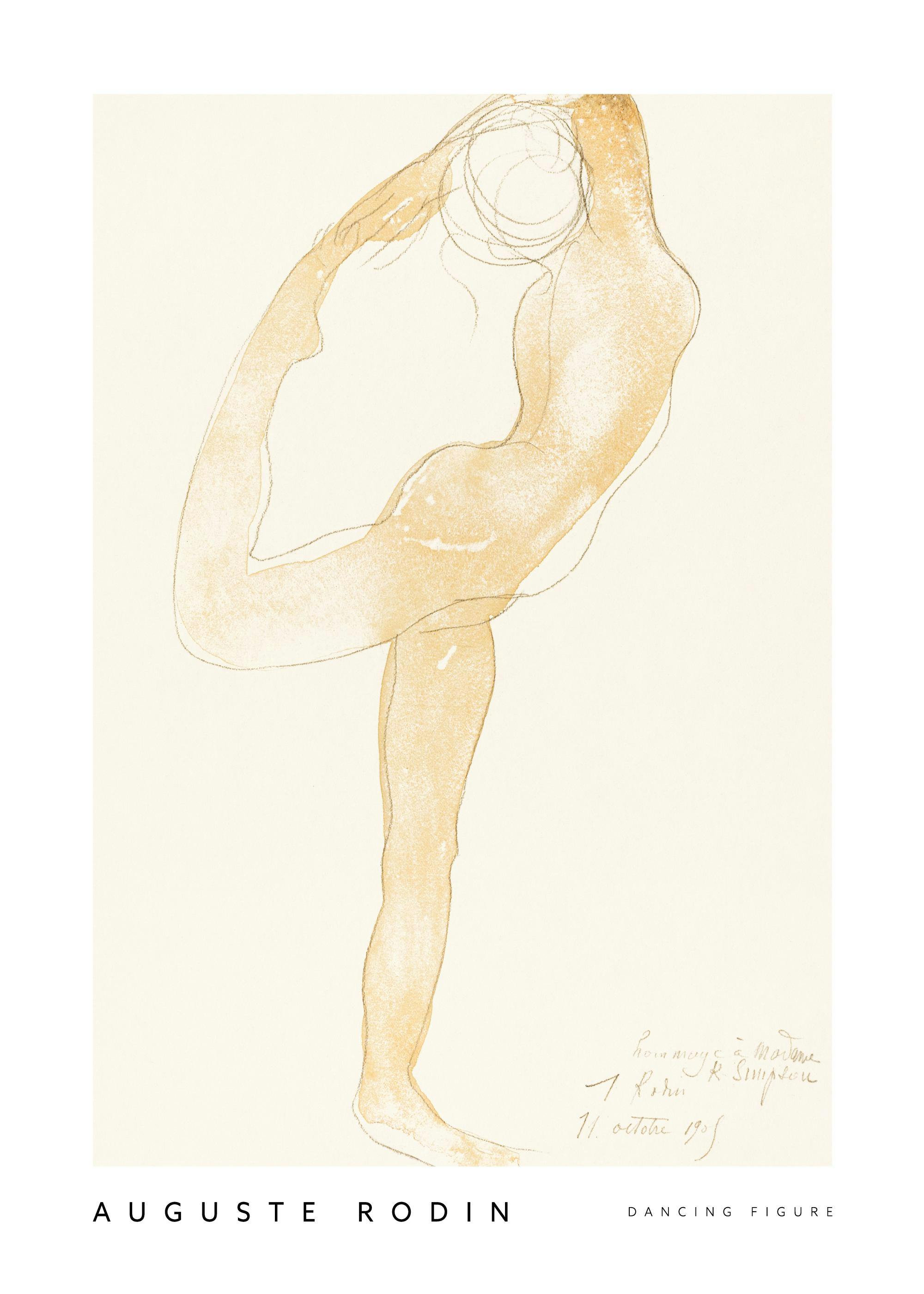 Un poster cu o figură feminină nudă, schițată în tonuri aurii, într-o poziție de dans pe un fundal deschis.